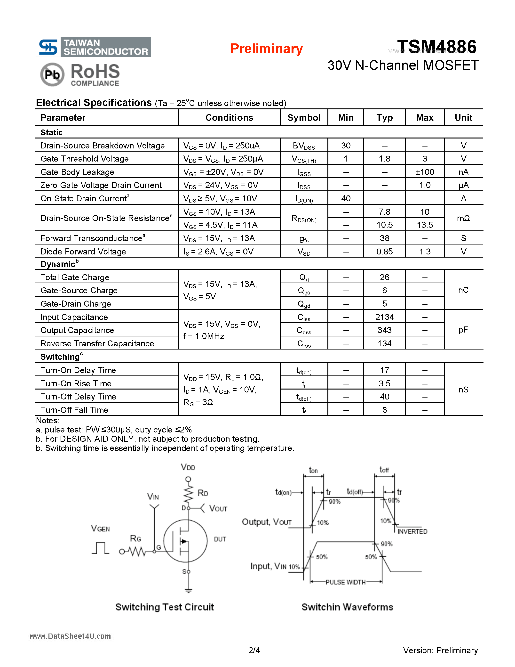 Datasheet TSM4886 - 30V N-Channel MOSFET page 2