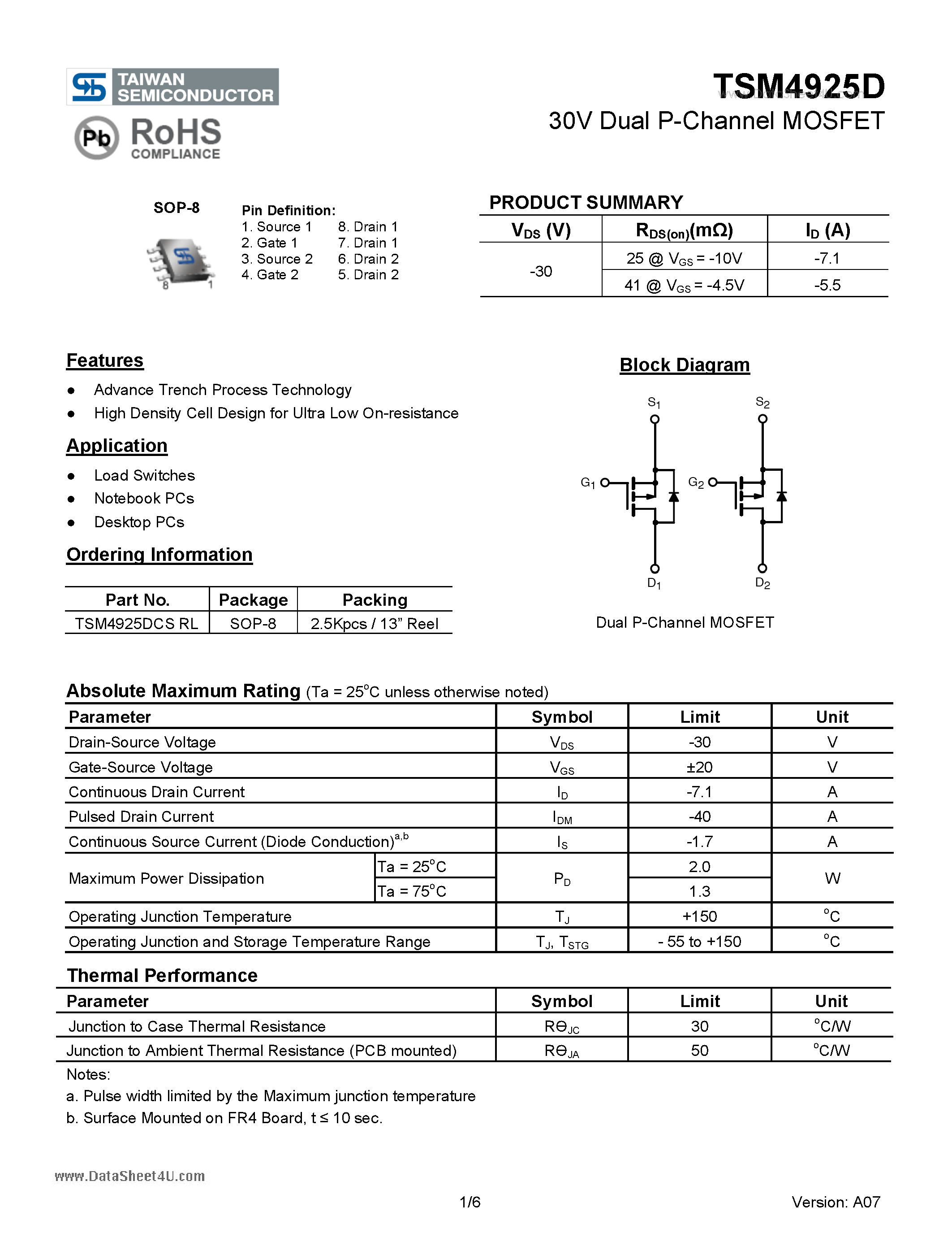 Datasheet TSM4936D - 30V Dual P-Channel MOSFET page 1