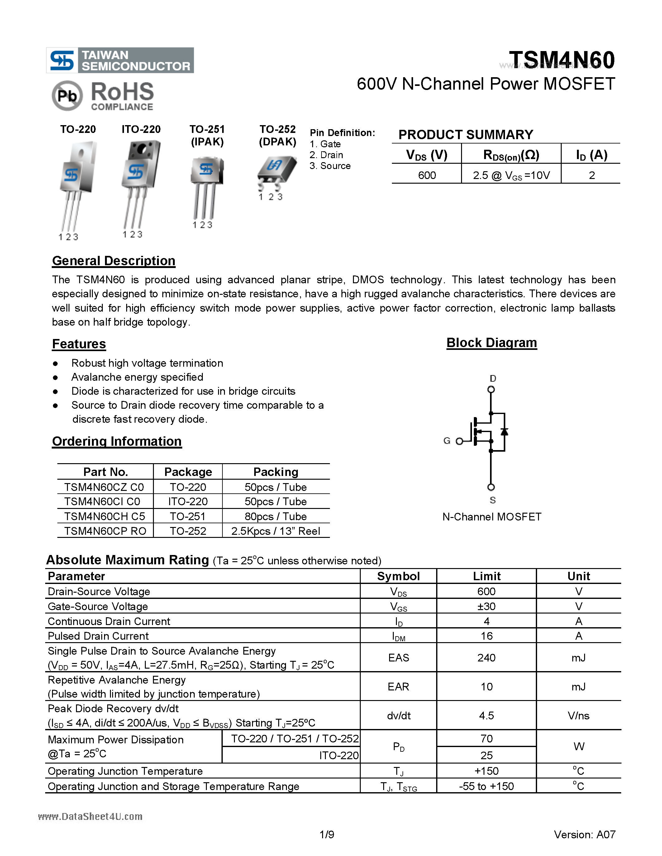 Datasheet TSM4N60 - 600V N-Channel Power MOSFET page 1