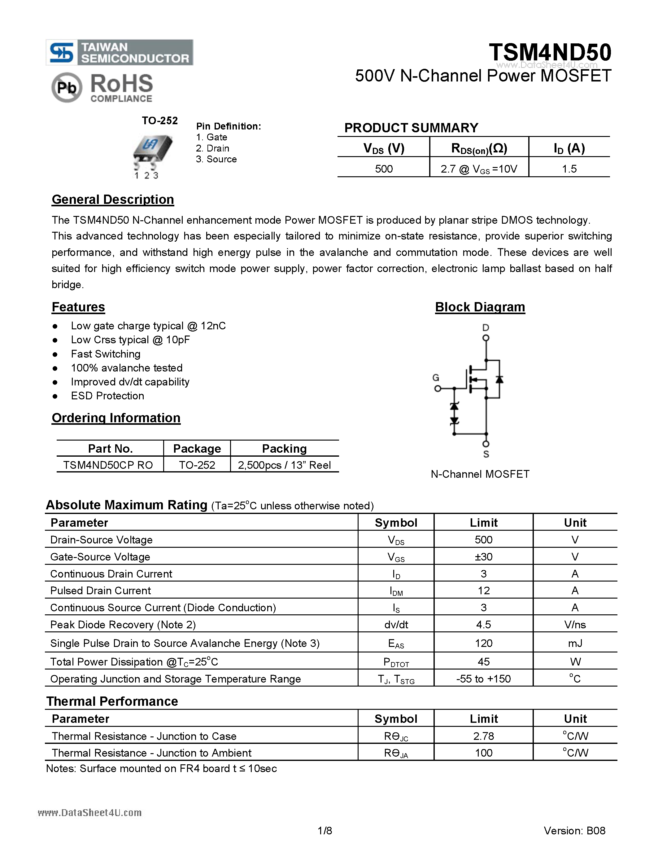 Datasheet TSM4ND50 - 500V N-Channel Power MOSFET page 1