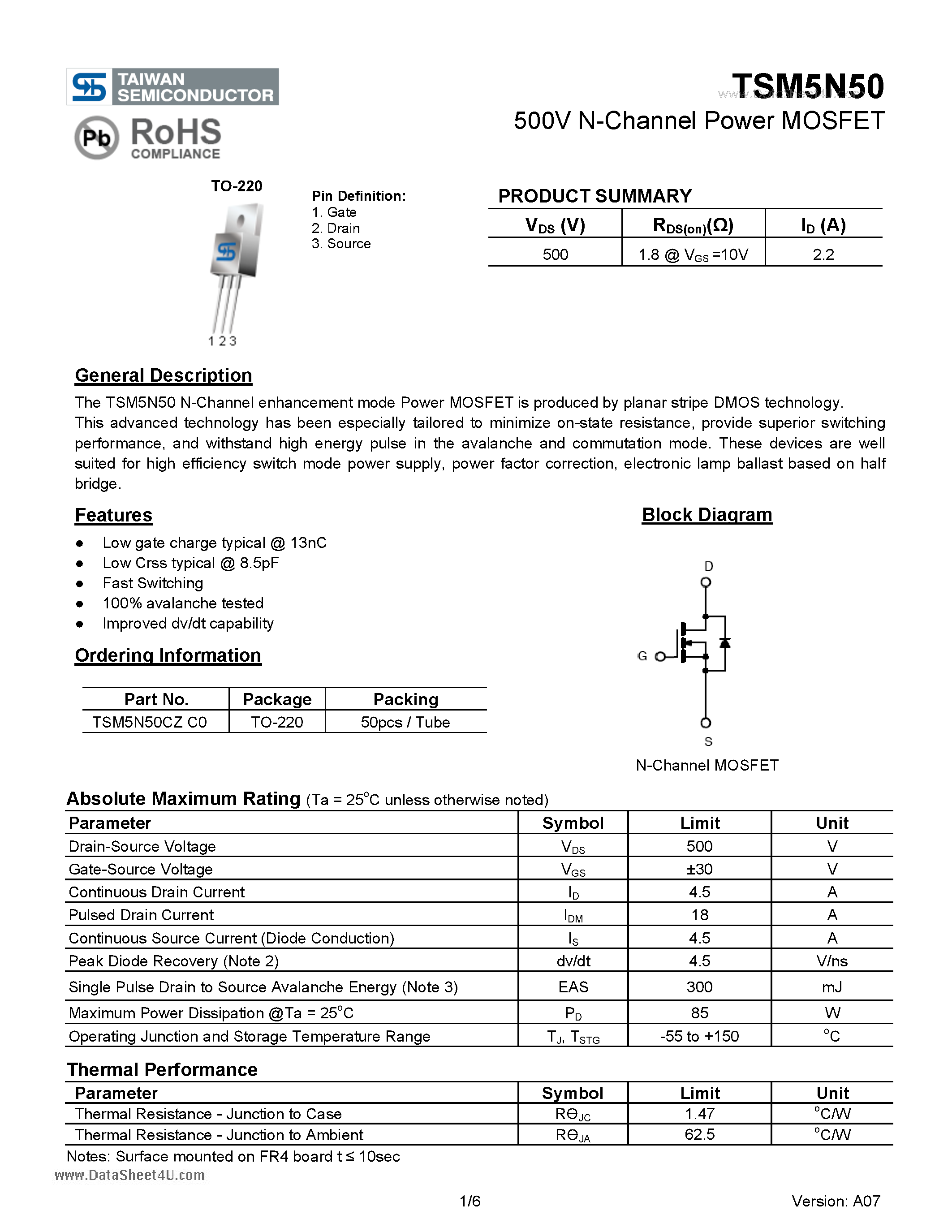 Datasheet TSM5N50 - 500V N-Channel Power MOSFET page 1