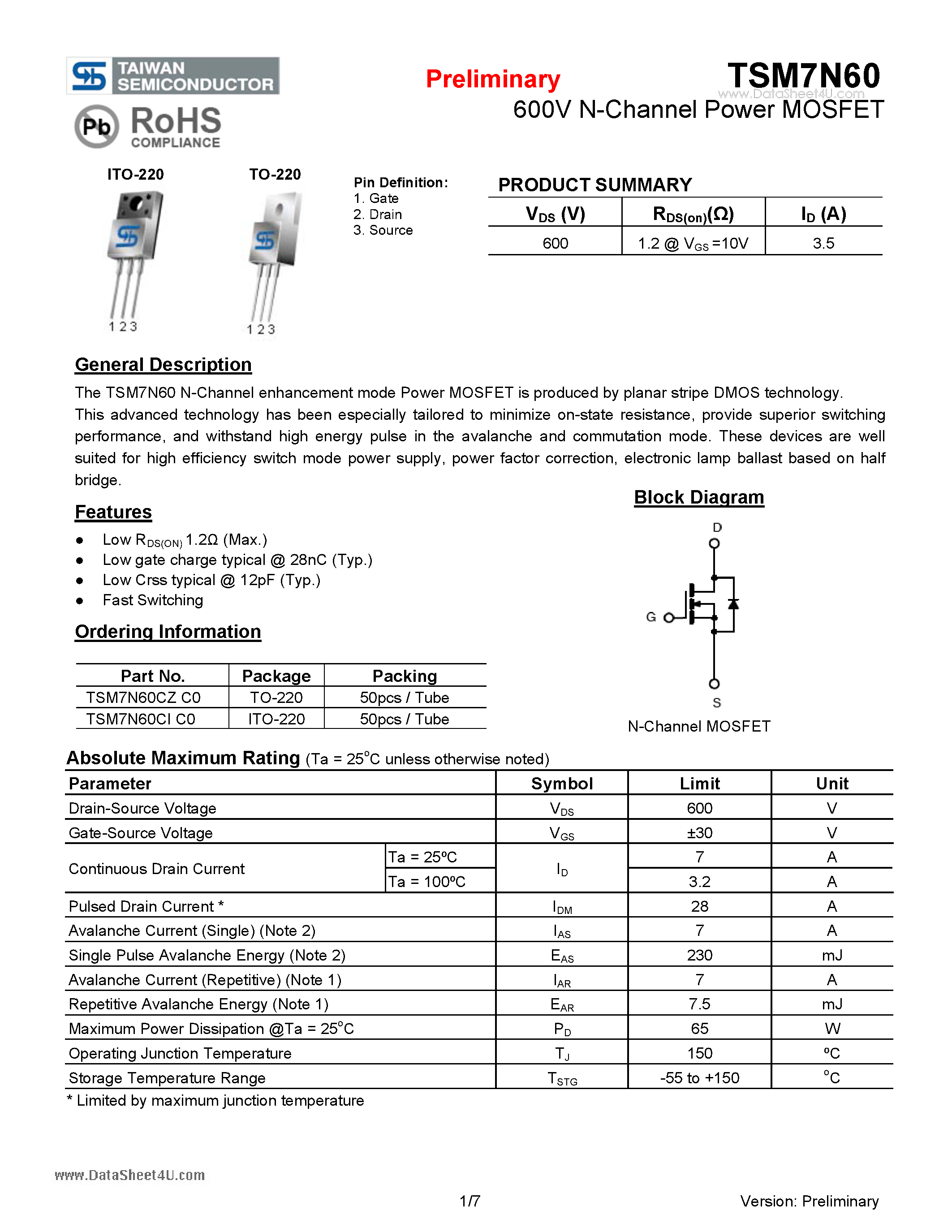 Datasheet TSM7N60 - 600V N-Channel Power MOSFET page 1