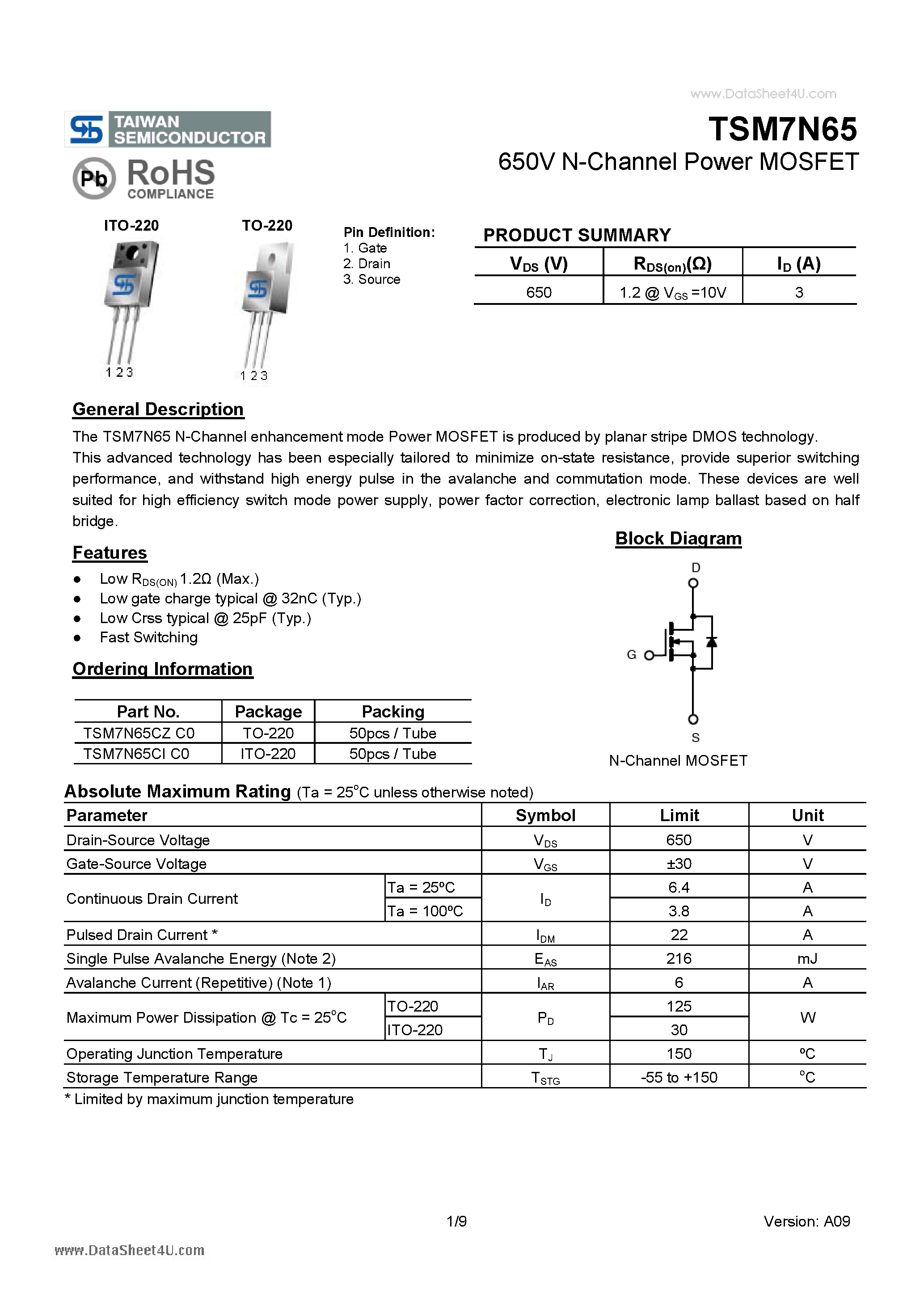 Datasheet TSM7N65 page 1 Datasheet TSM7N65 - 650V N-Channel Power MOSFET page 1