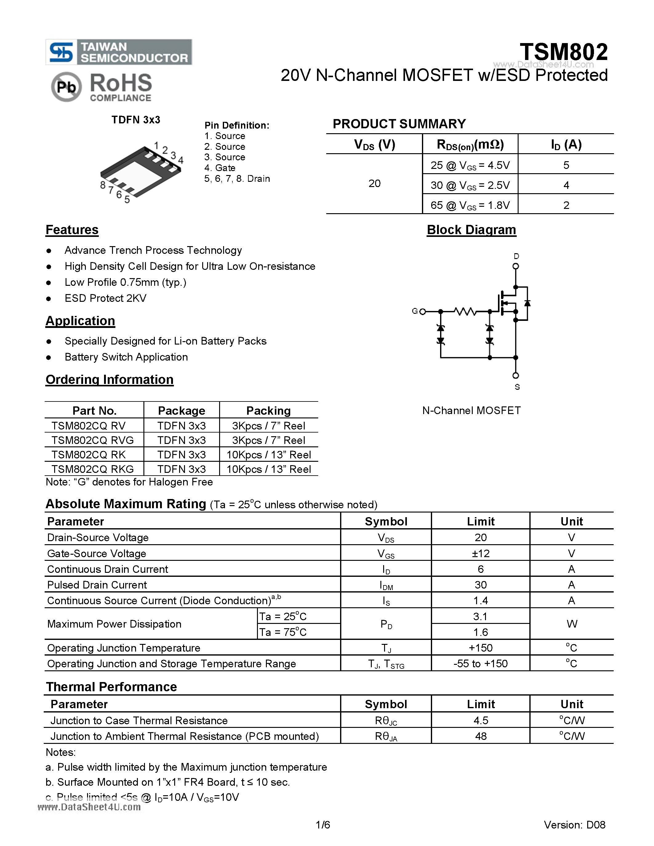 Datasheet TSM802 page 1 Datasheet TSM802 - 20V N-Channel MOSFET w/ESD Protected page 1
