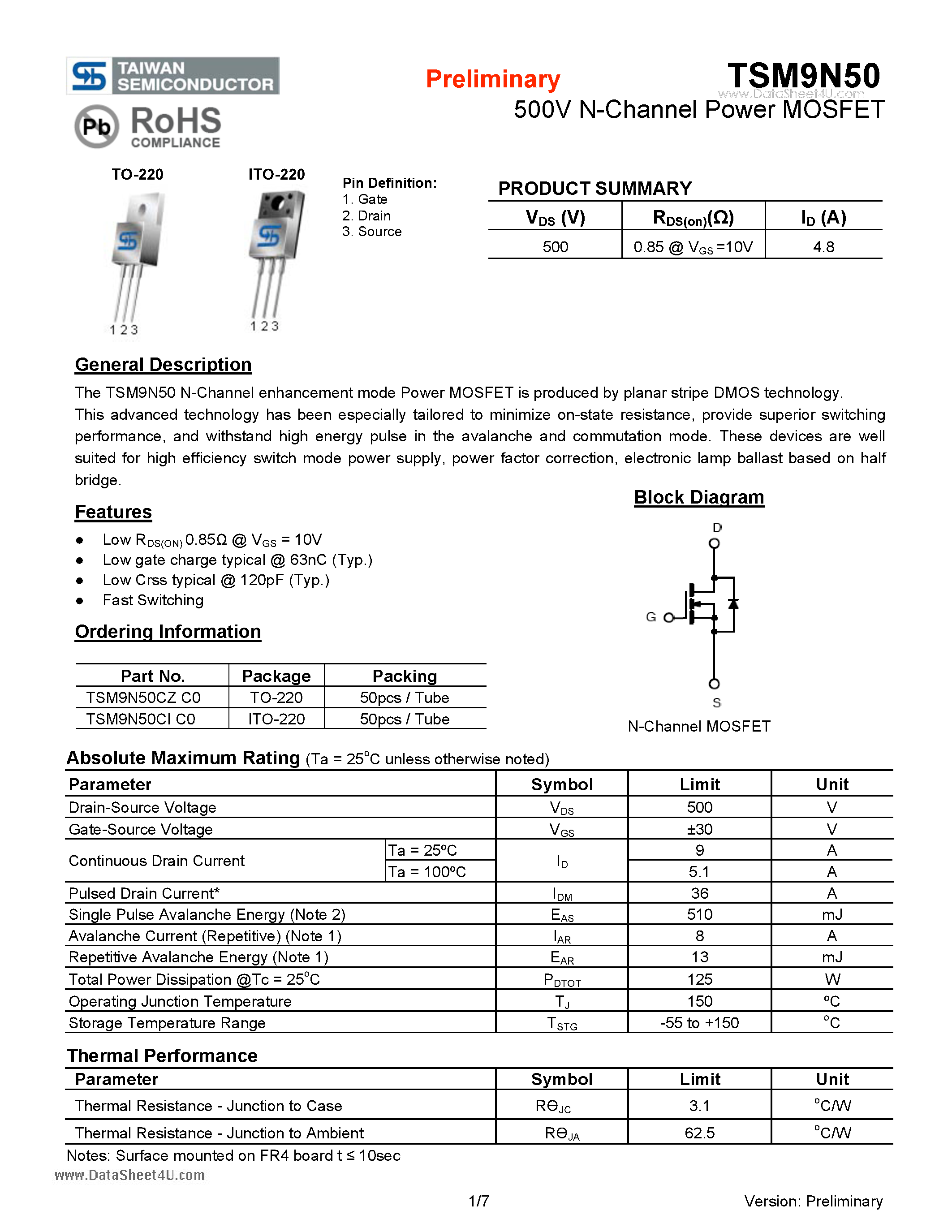 Datasheet TSM9N50 page 1 Datasheet TSM9N50 - 500V N-Channel Power MOSFET page 1