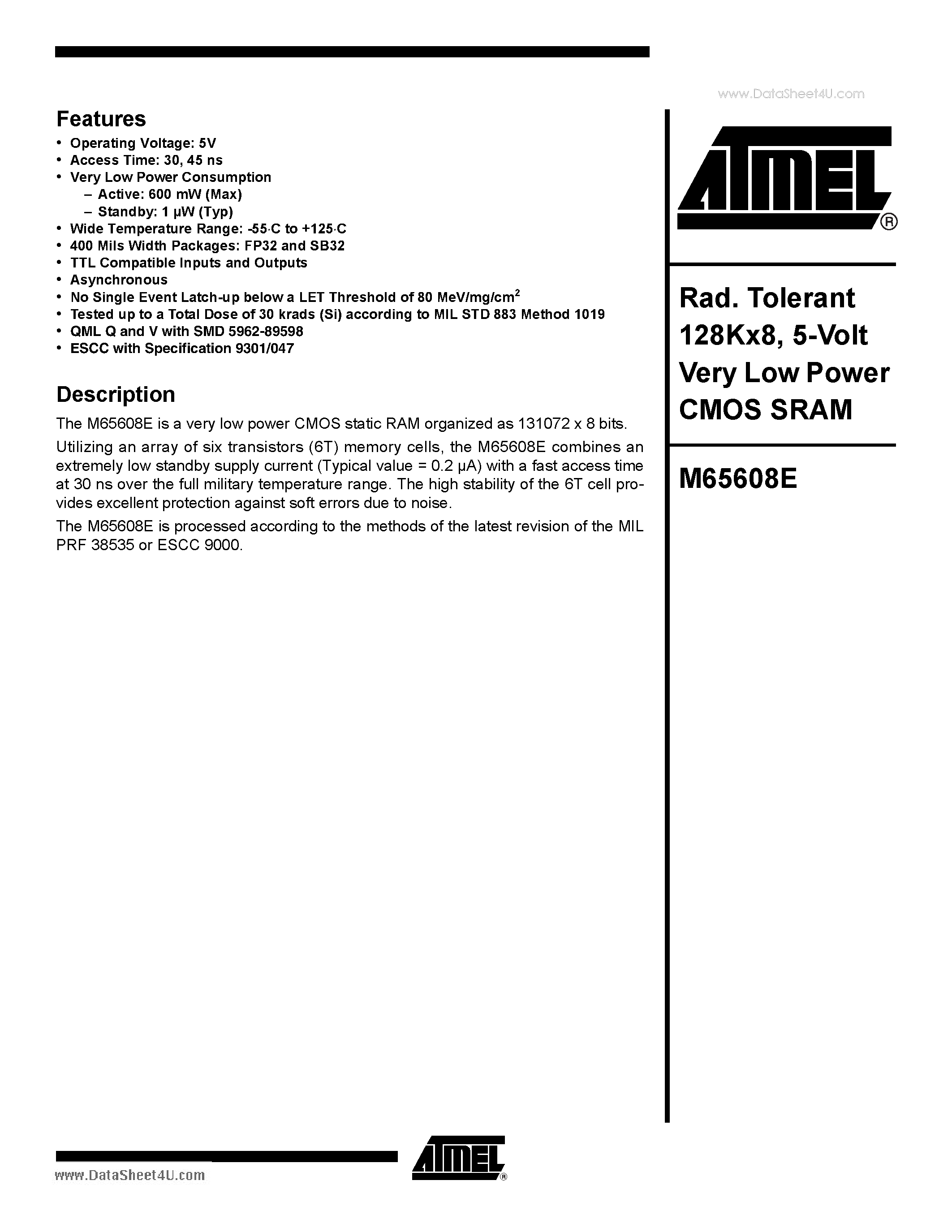 Datasheet M65608E - 5-Volt Very Low Power CMOS SRAM page 1