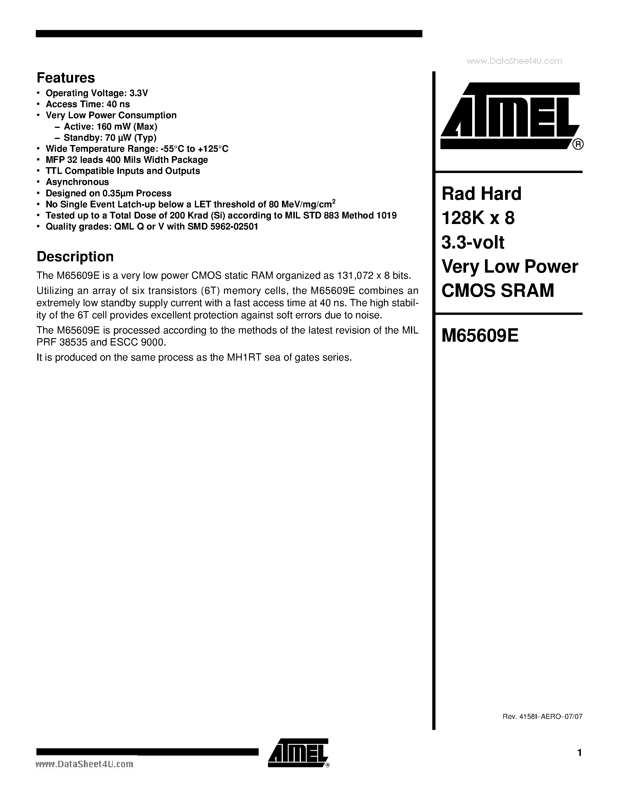 Datasheet M65609E - Rad Hard 128K x 8 3.3-volt Very Low Power CMOS SRAM page 1