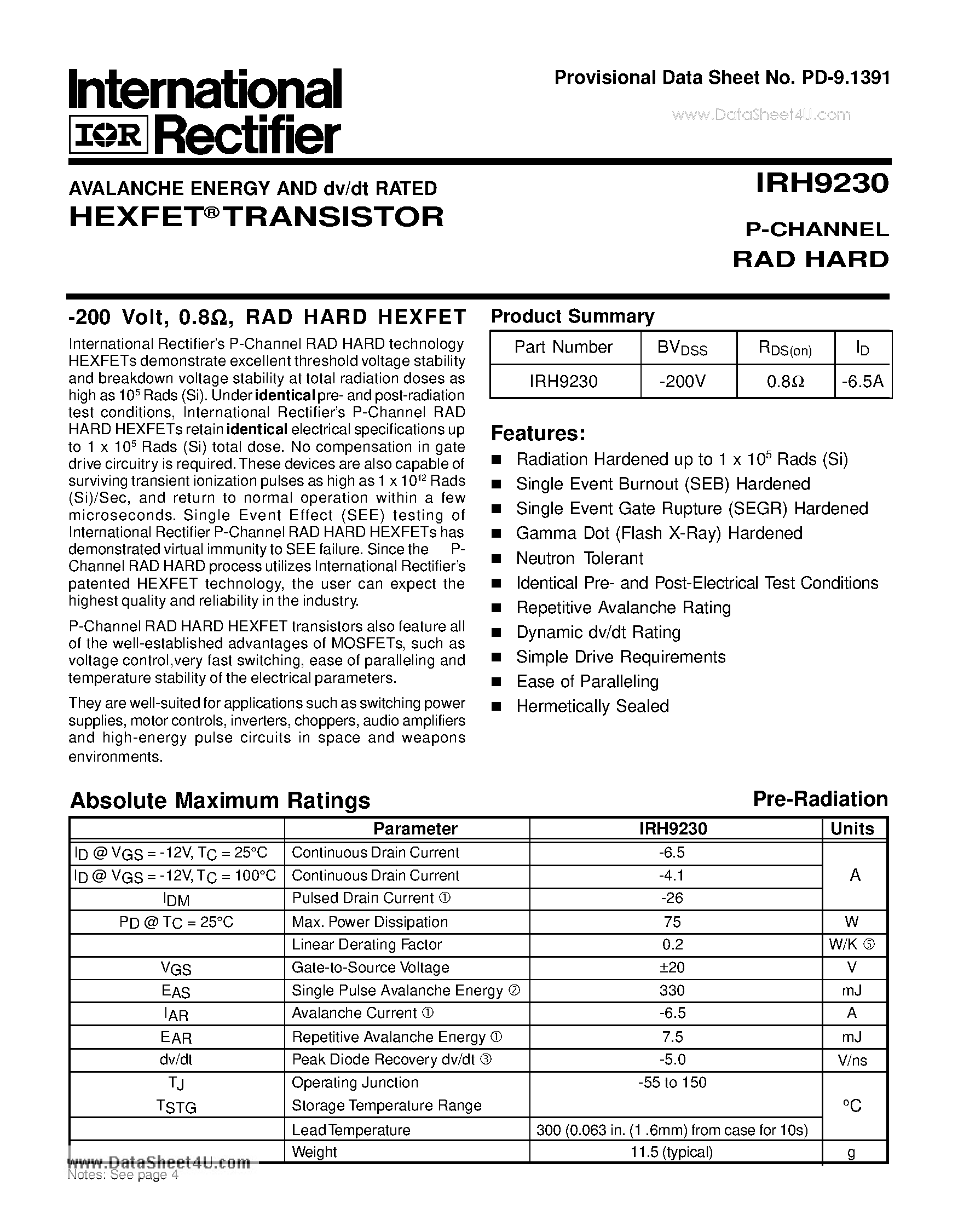 Datasheet IRH9230 - TRANSISTOR P-CHANNEL page 1