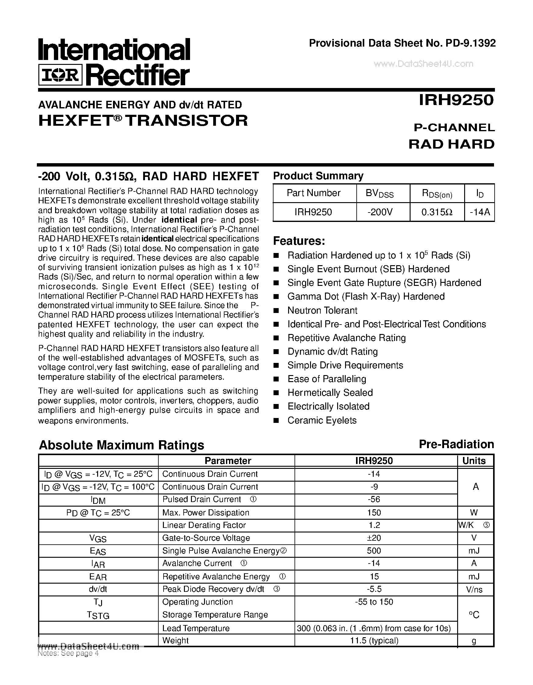 Datasheet IRH9250 - TRANSISTOR P-CHANNEL page 1