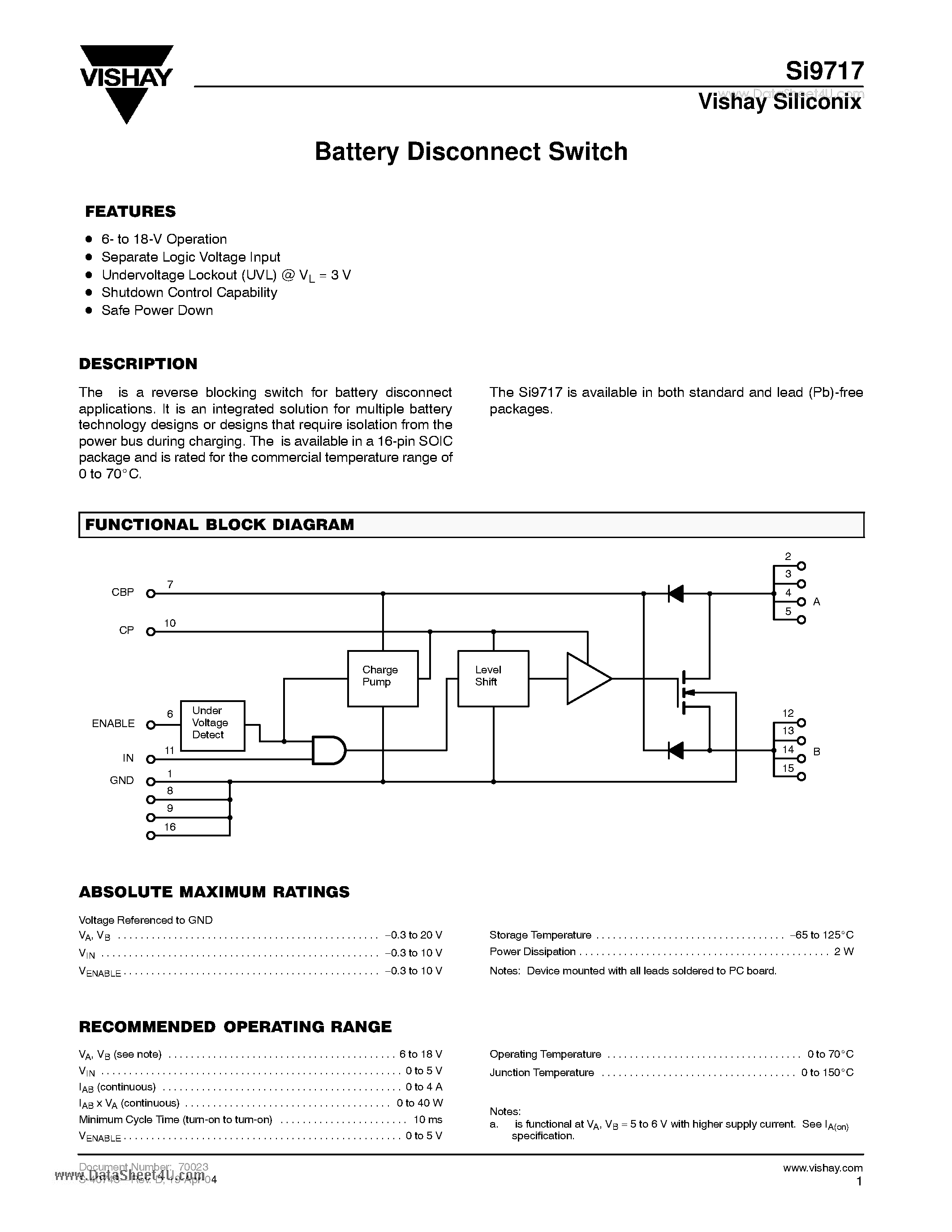 Datasheet SI9717 - Battery Disconnect Switch page 1