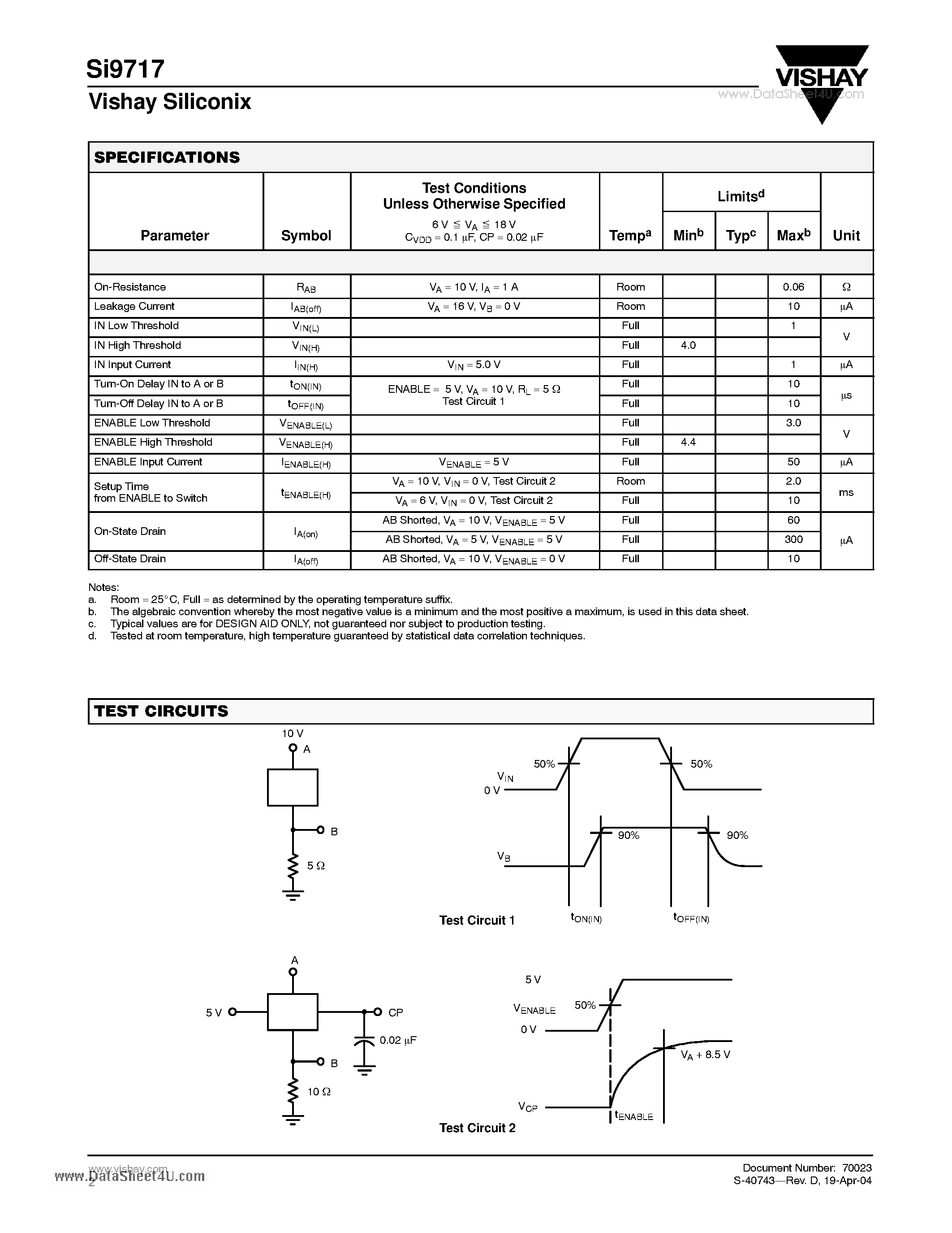 Datasheet SI9717 - Battery Disconnect Switch page 2