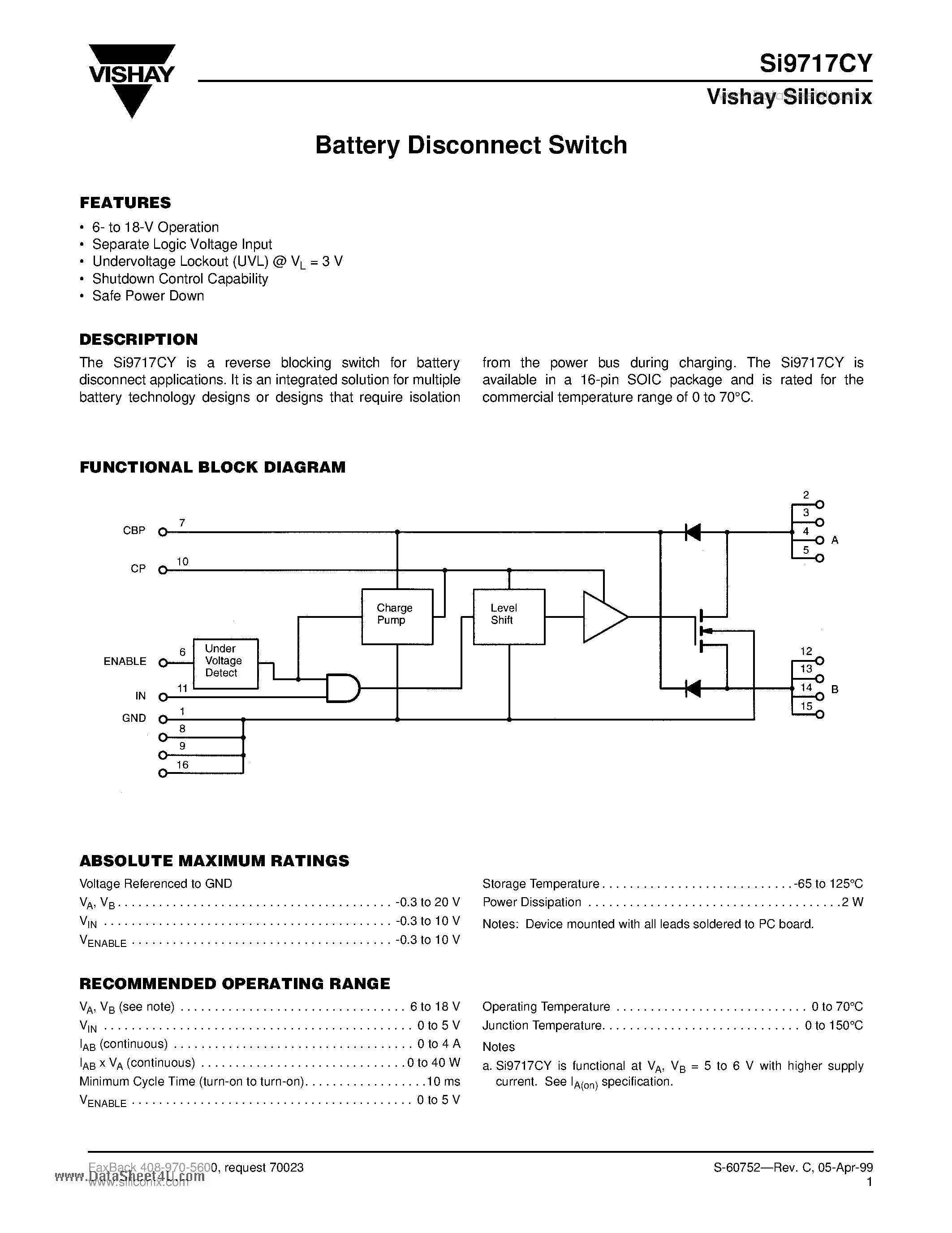 Datasheet SI9717CY page 1 Datasheet SI9717CY - Battery Disconnect Switch page 1