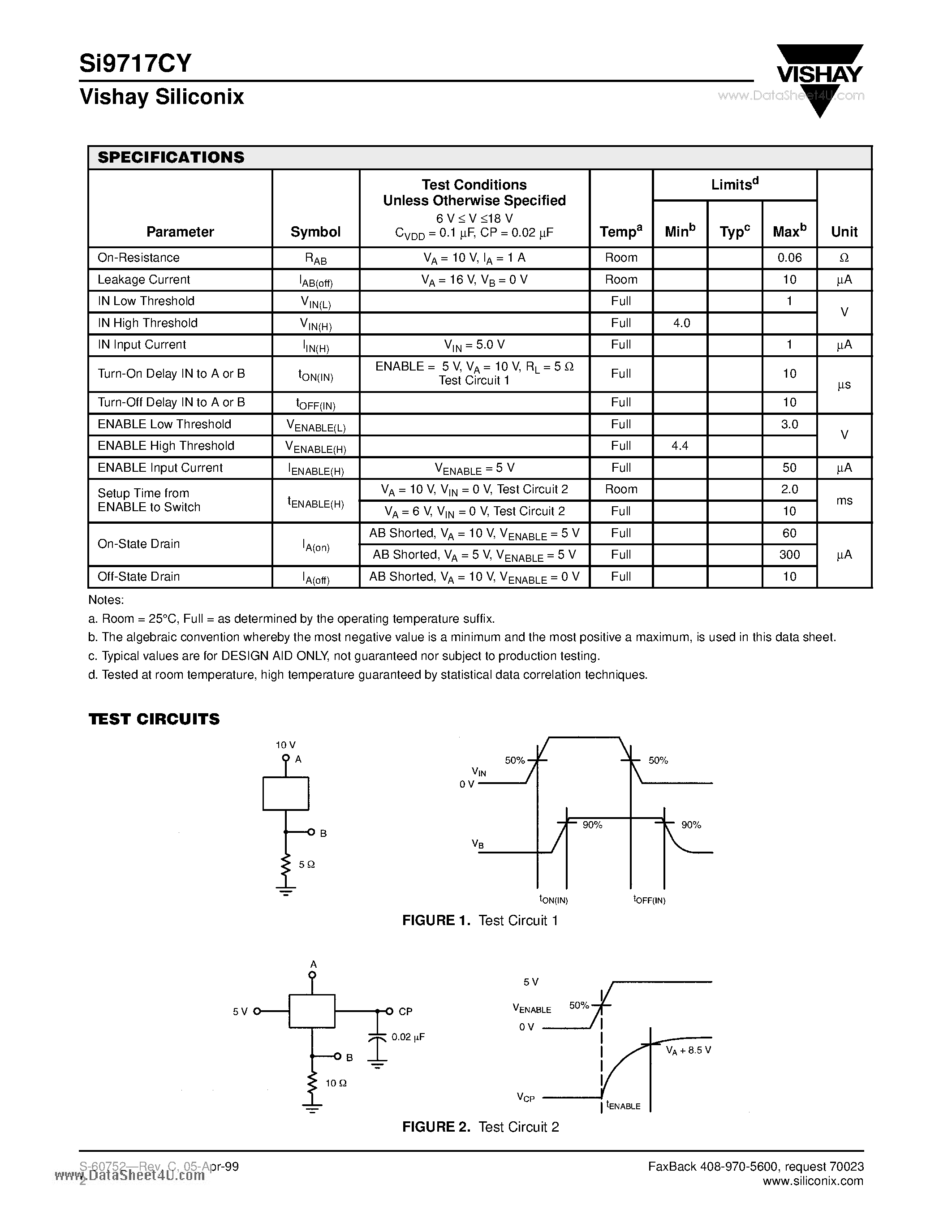 Datasheet SI9717CY page 2 Datasheet SI9717CY - Battery Disconnect Switch page 2