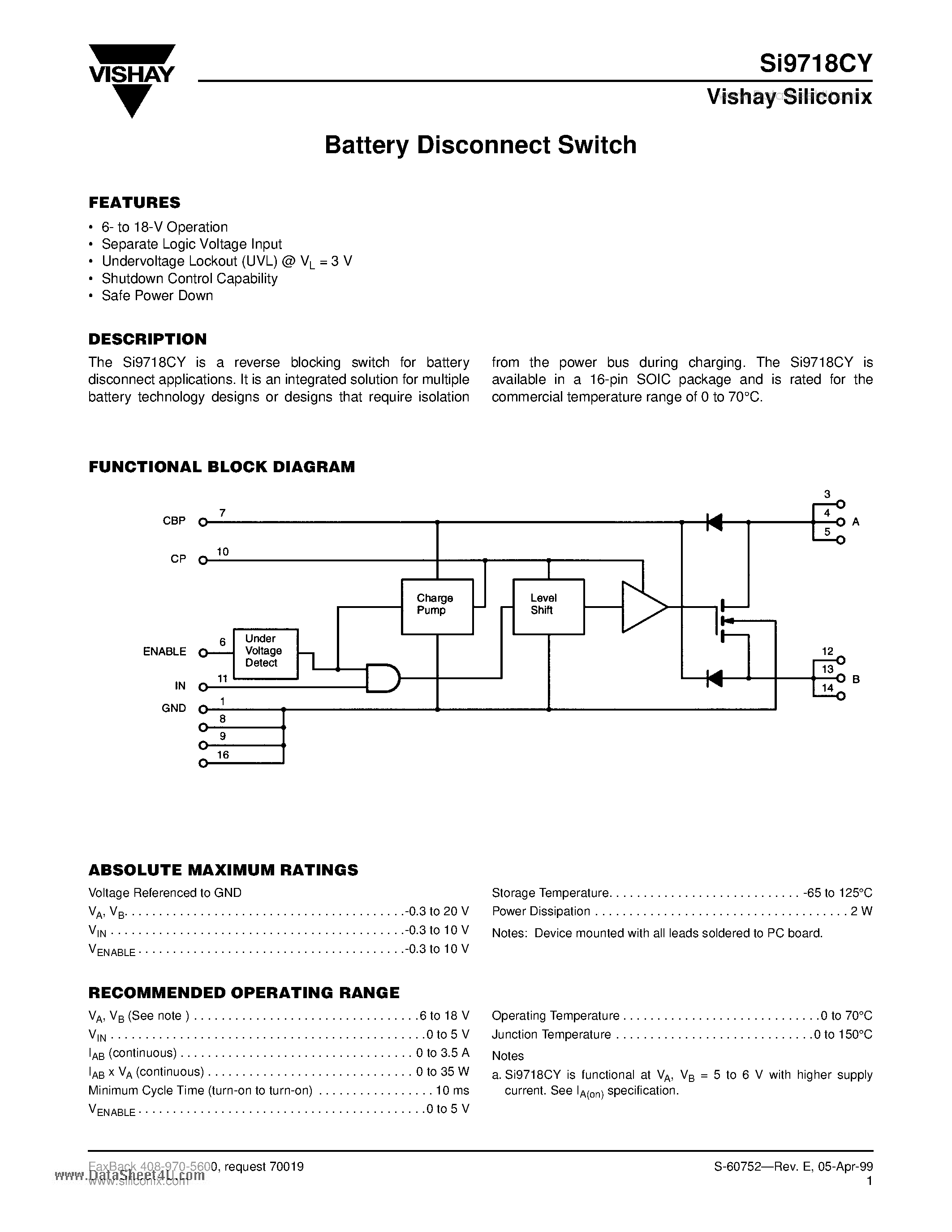 Datasheet SI9718CY page 1 Datasheet SI9718CY - Battery Disconnect Switch page 1