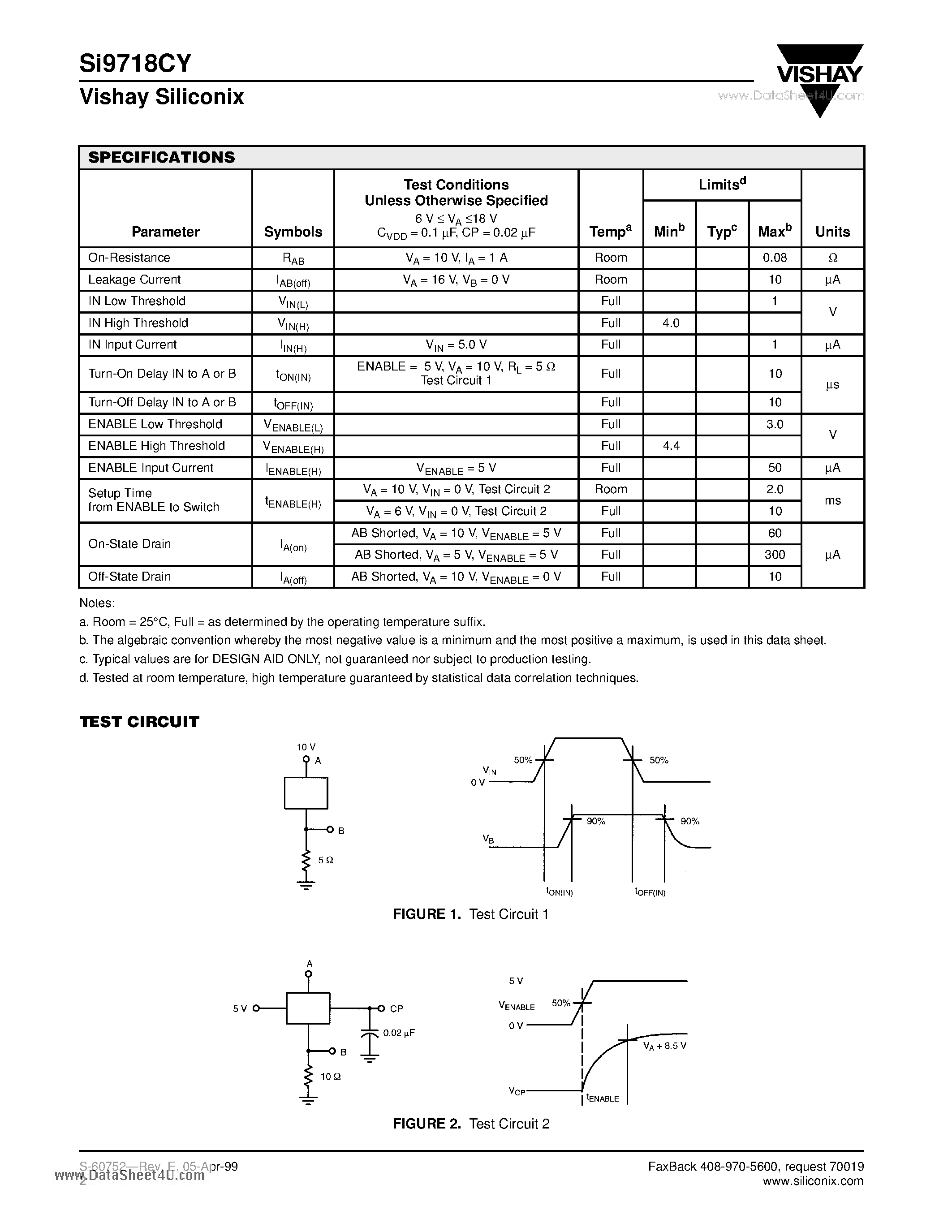 Datasheet SI9718CY page 2 Datasheet SI9718CY - Battery Disconnect Switch page 2