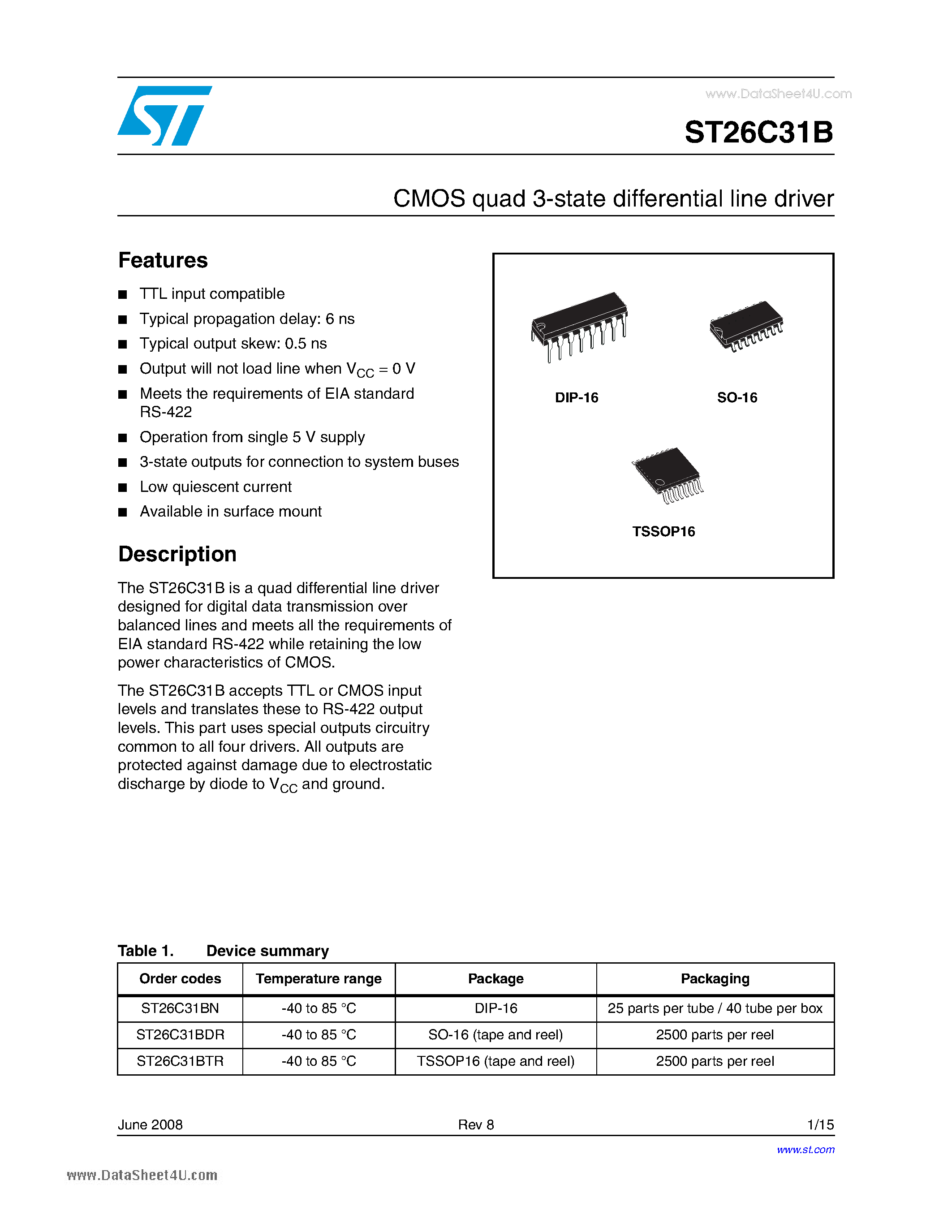 Datasheet ST26C31B page 1 Datasheet ST26C31B - CMOS quad 3-state differential line driver page 1