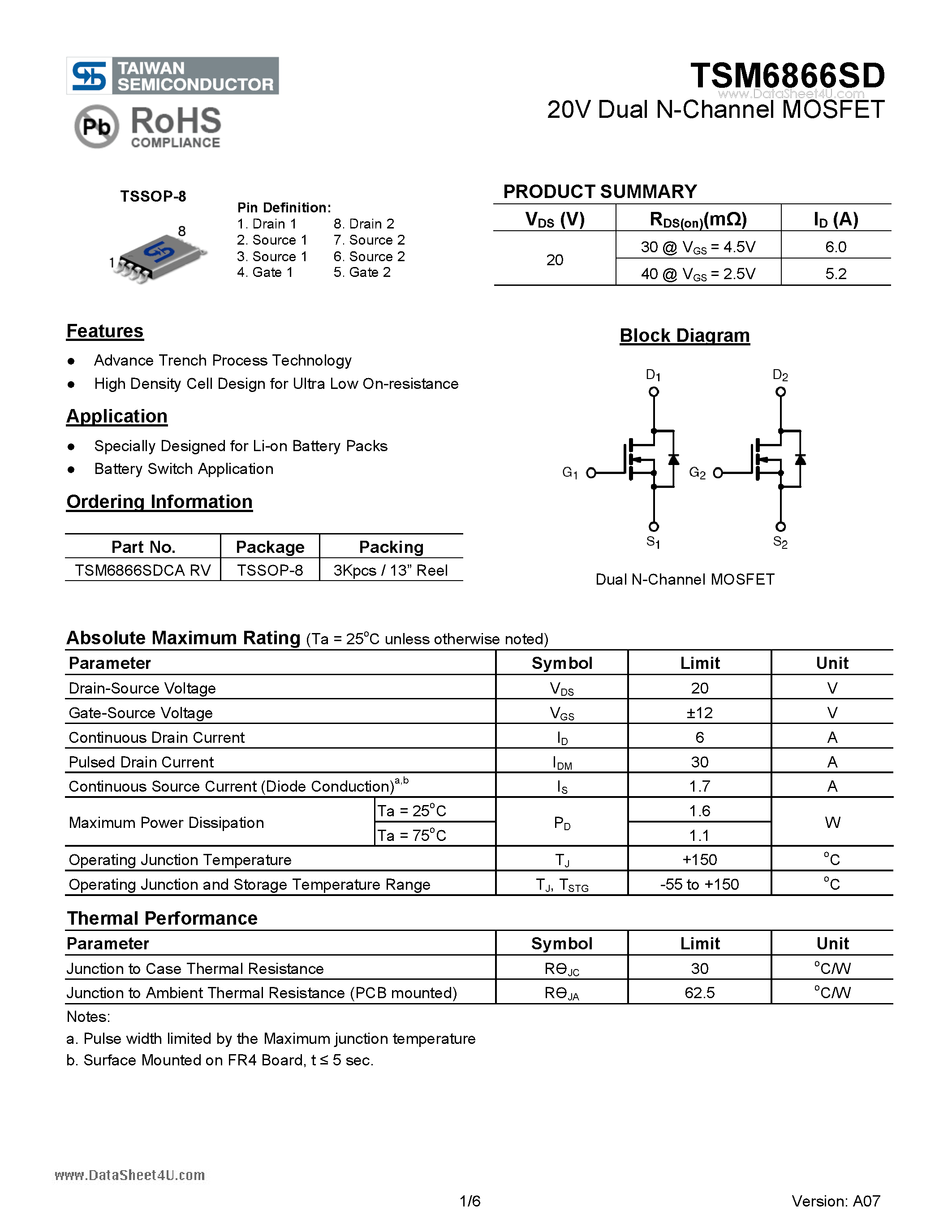 Datasheet TSM6866SD page 1 Datasheet TSM6866SD - 20V Dual N-Channel MOSFET page 1