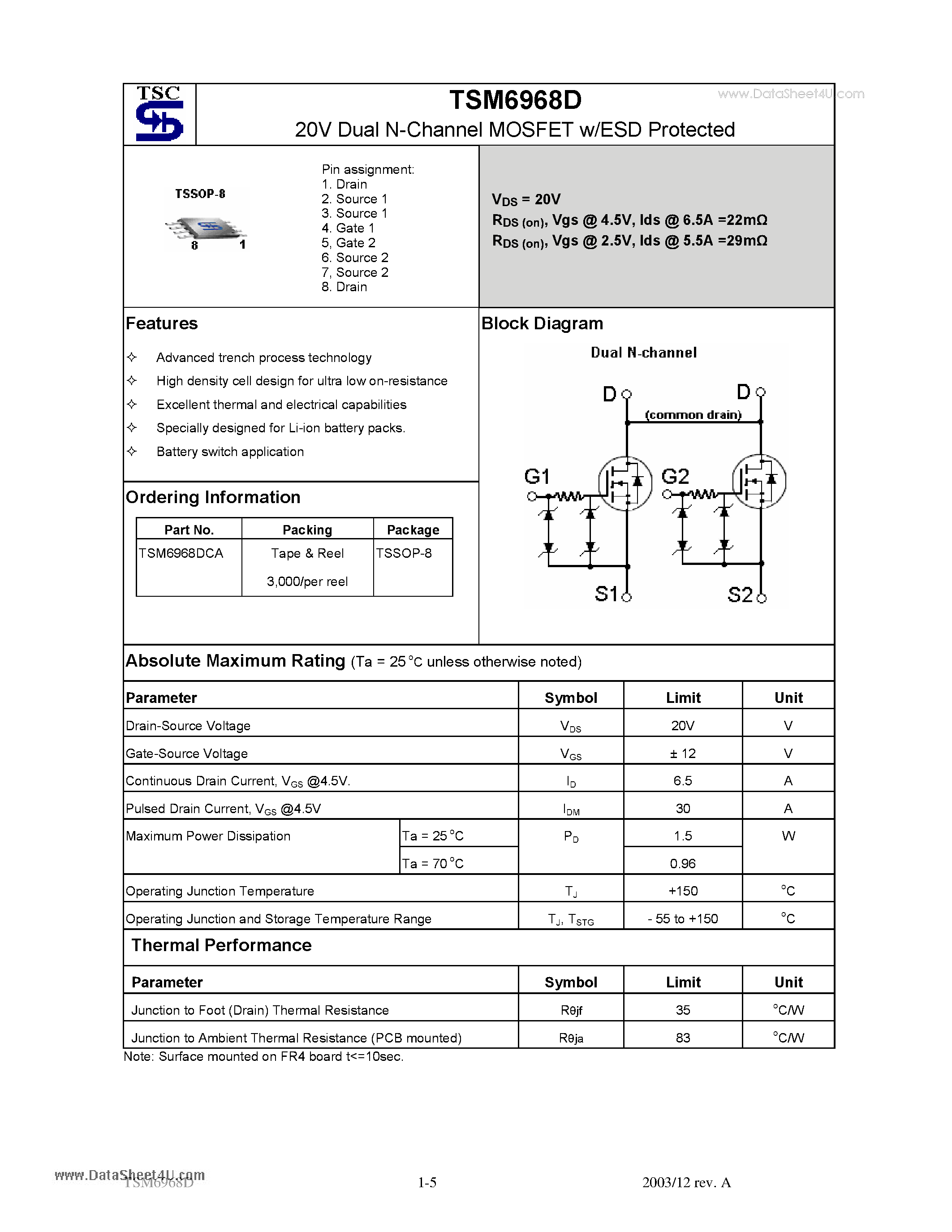 Datasheet TSM6968D page 1 Datasheet TSM6968D - 20V Dual N-Channel MOSFET w/ESD Protected page 1