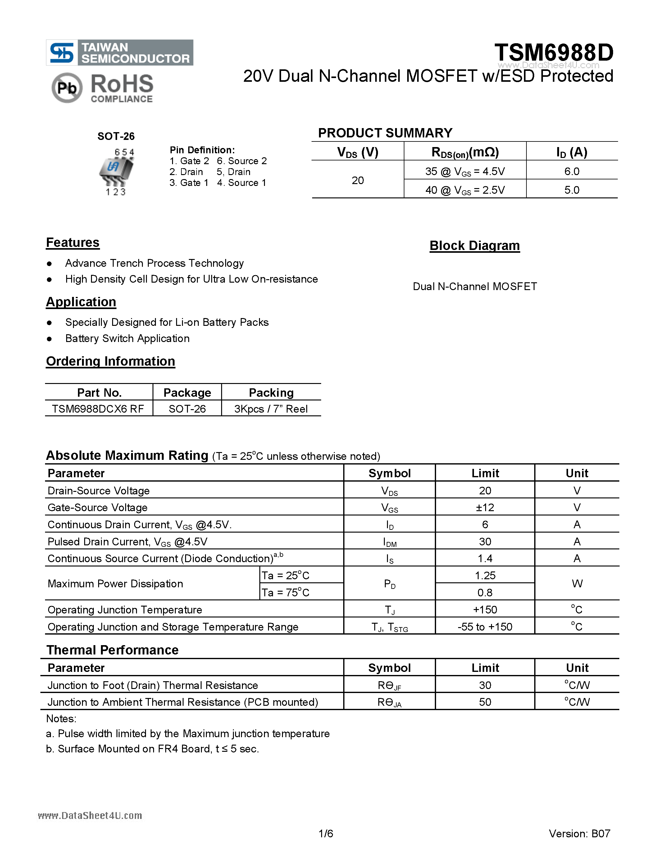 Datasheet TSM6970D - 20V Dual N-Channel MOSFET w/ESD Protected page 1