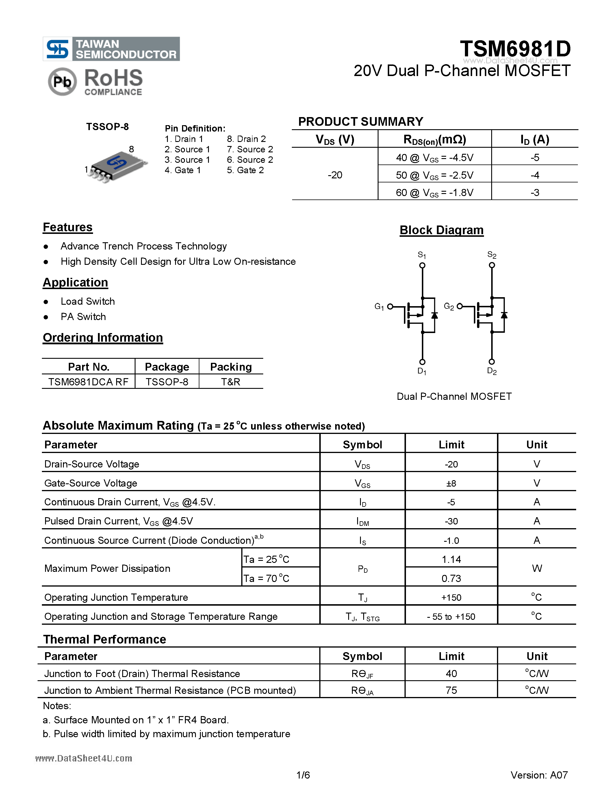 Datasheet TSM6981D page 1 Datasheet TSM6981D - 20V Dual P-Channel MOSFET page 1