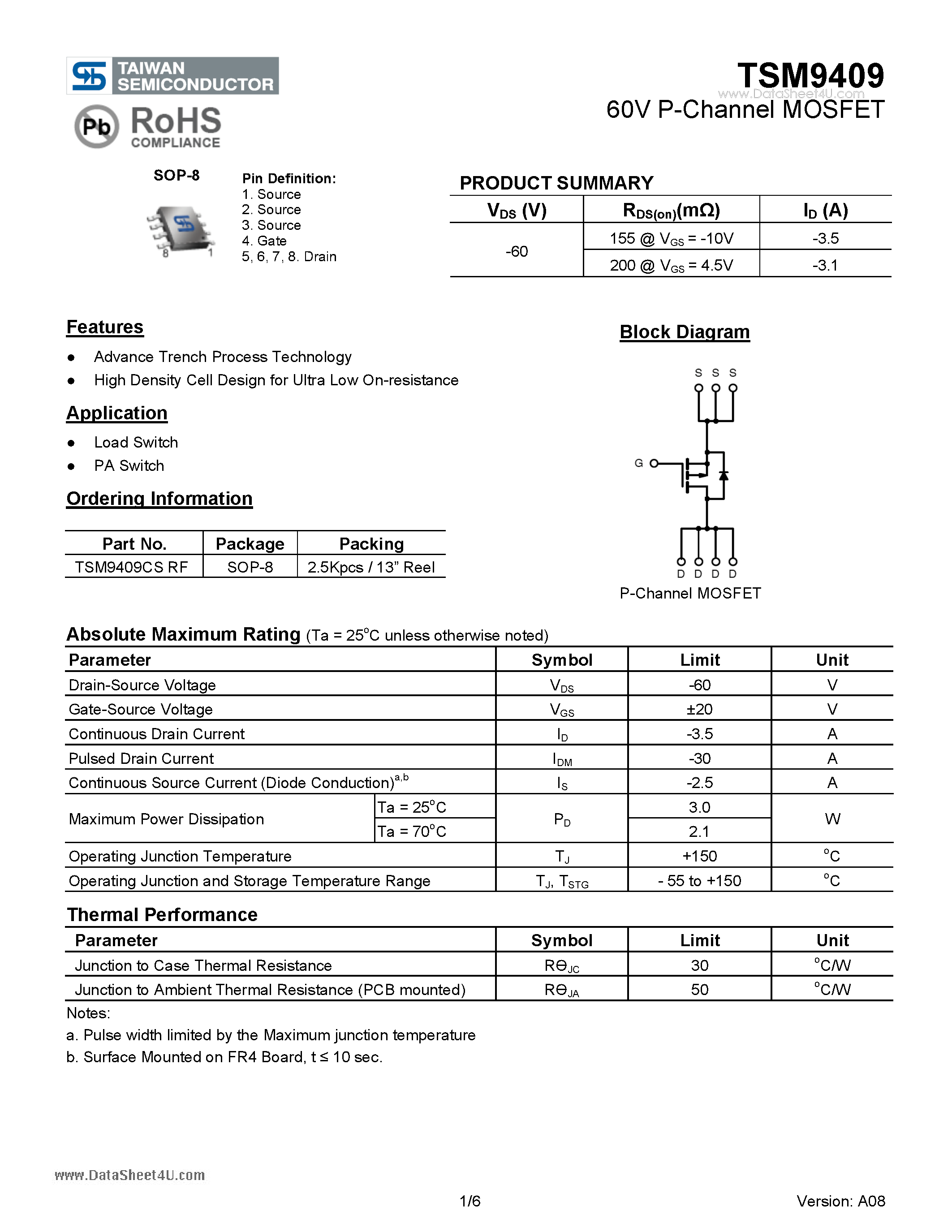 Даташит на микросхему TSM9409 страница 1 Даташит TSM9409 - 60V P-Channel MOSFET страница 1