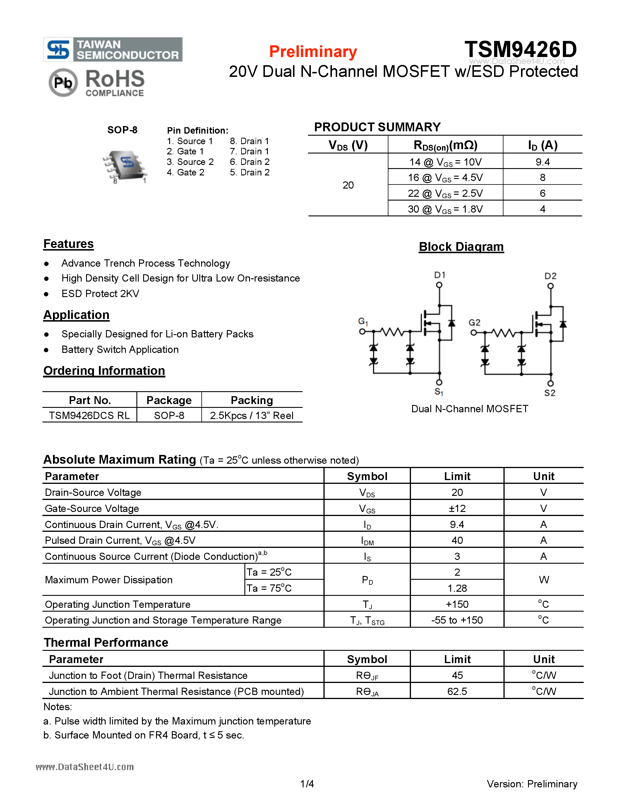 Datasheet TSM9426D page 1 Datasheet TSM9426D - 20V Dual N-Channel MOSFET w/ESD Protected page 1