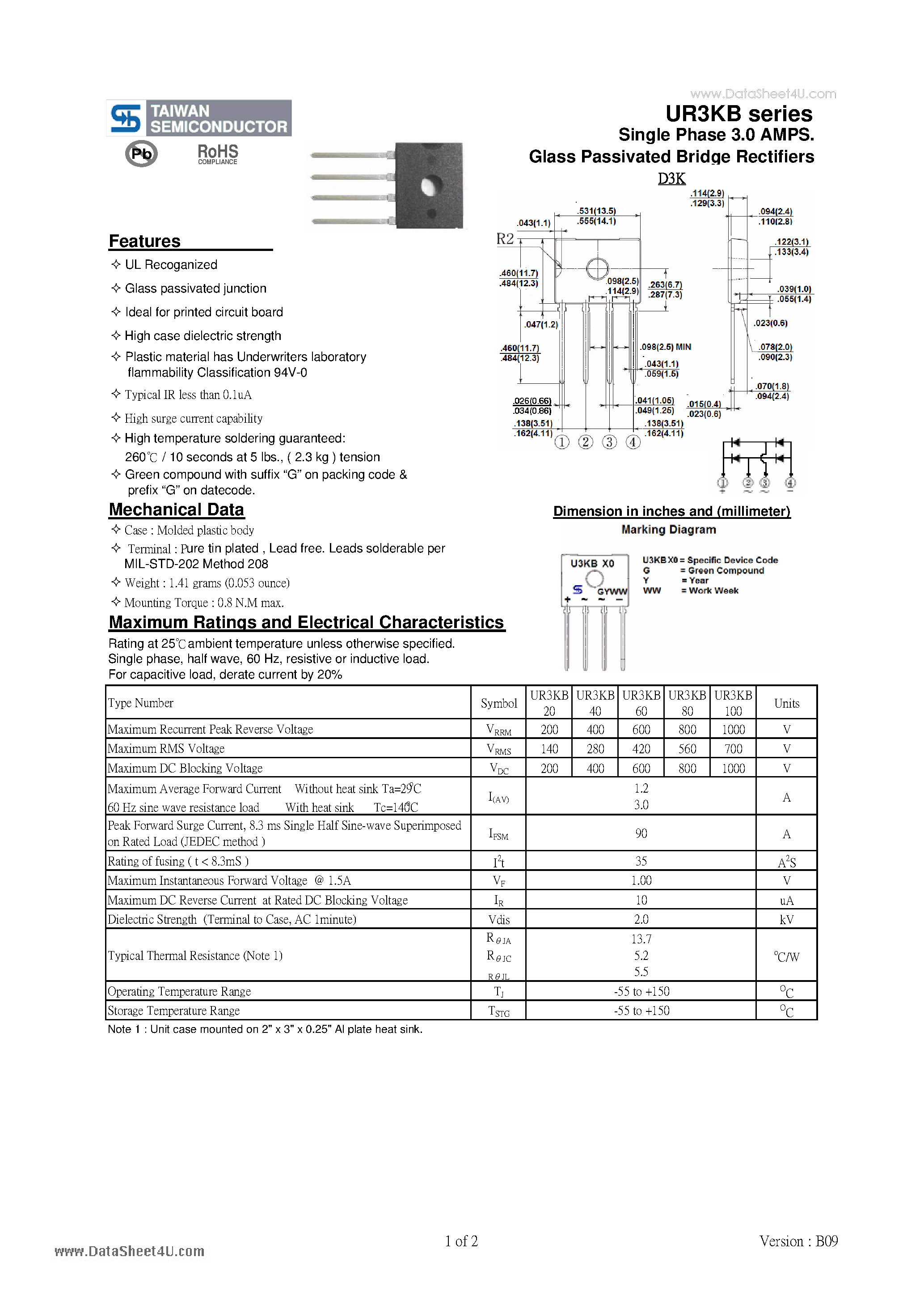 Datasheet UR3KB page 1 Datasheet UR3KB - Single Phase 3.0 AMPS. Glass Passivated Bridge Rectifiers page 1