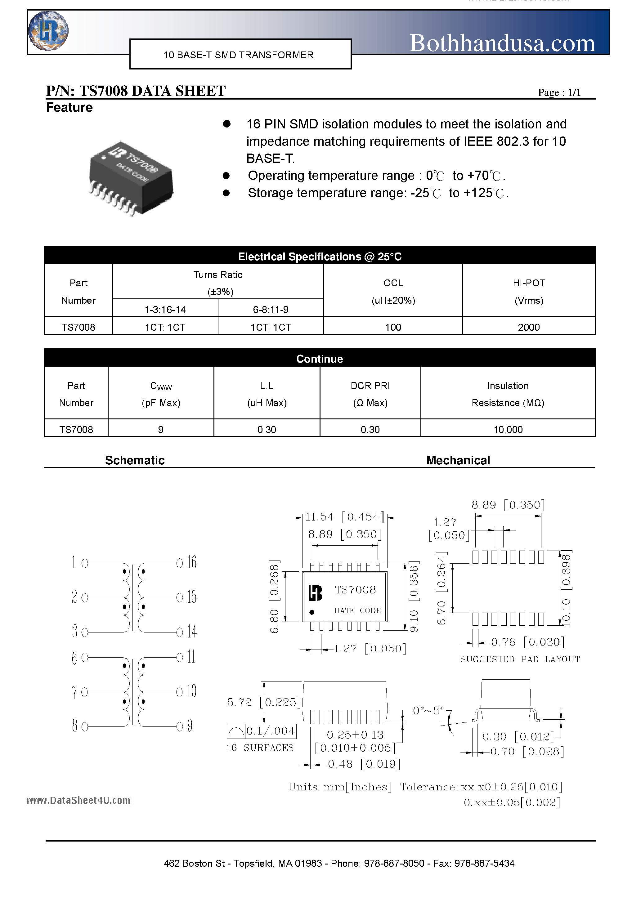 Datasheet TS7008 page 1 Datasheet TS7008 - 10 BASE-T SMD TRANSFORMER page 1