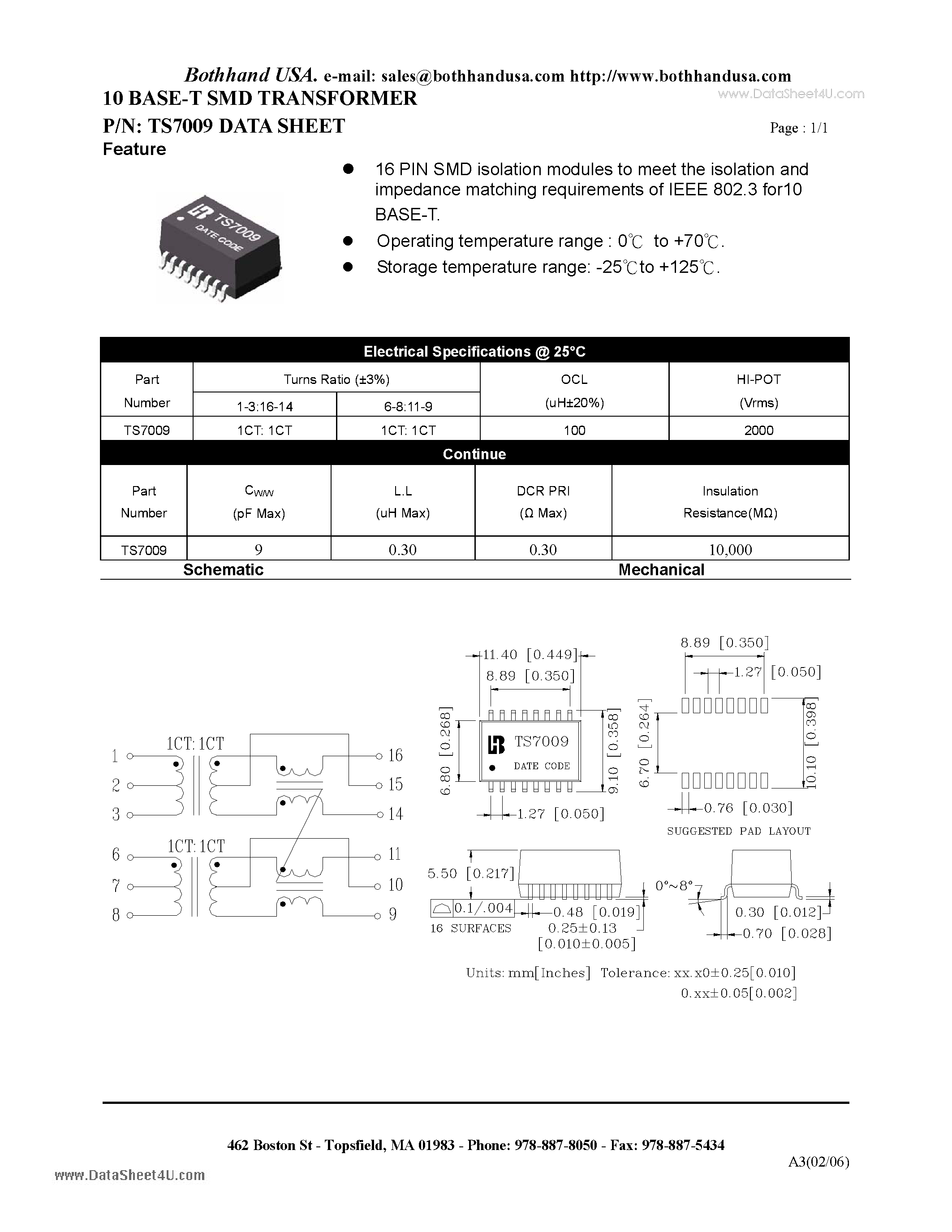 Datasheet TS7009 - 10 BASE-T SMD TRANSFORMER page 1