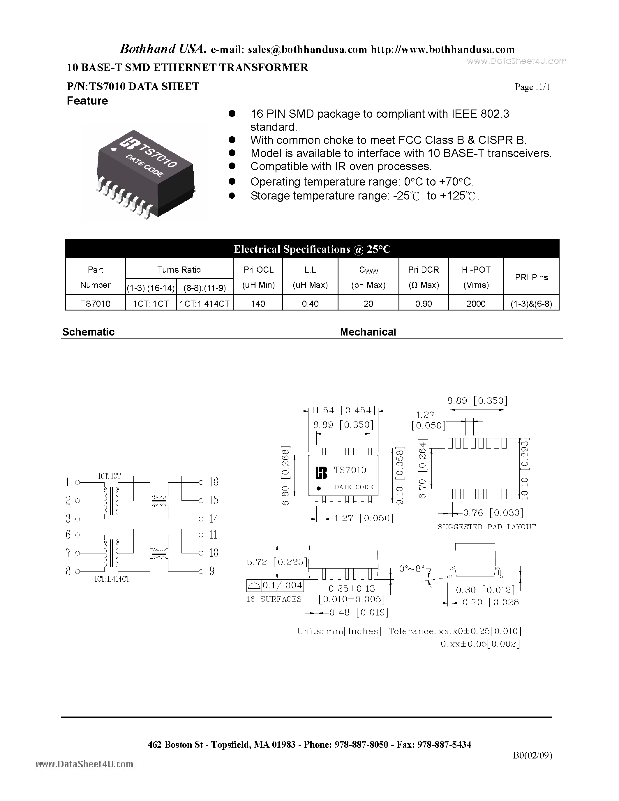 Datasheet TS7010 - 10 BASE-T SMD ETHERNET TRANSFORMER page 1