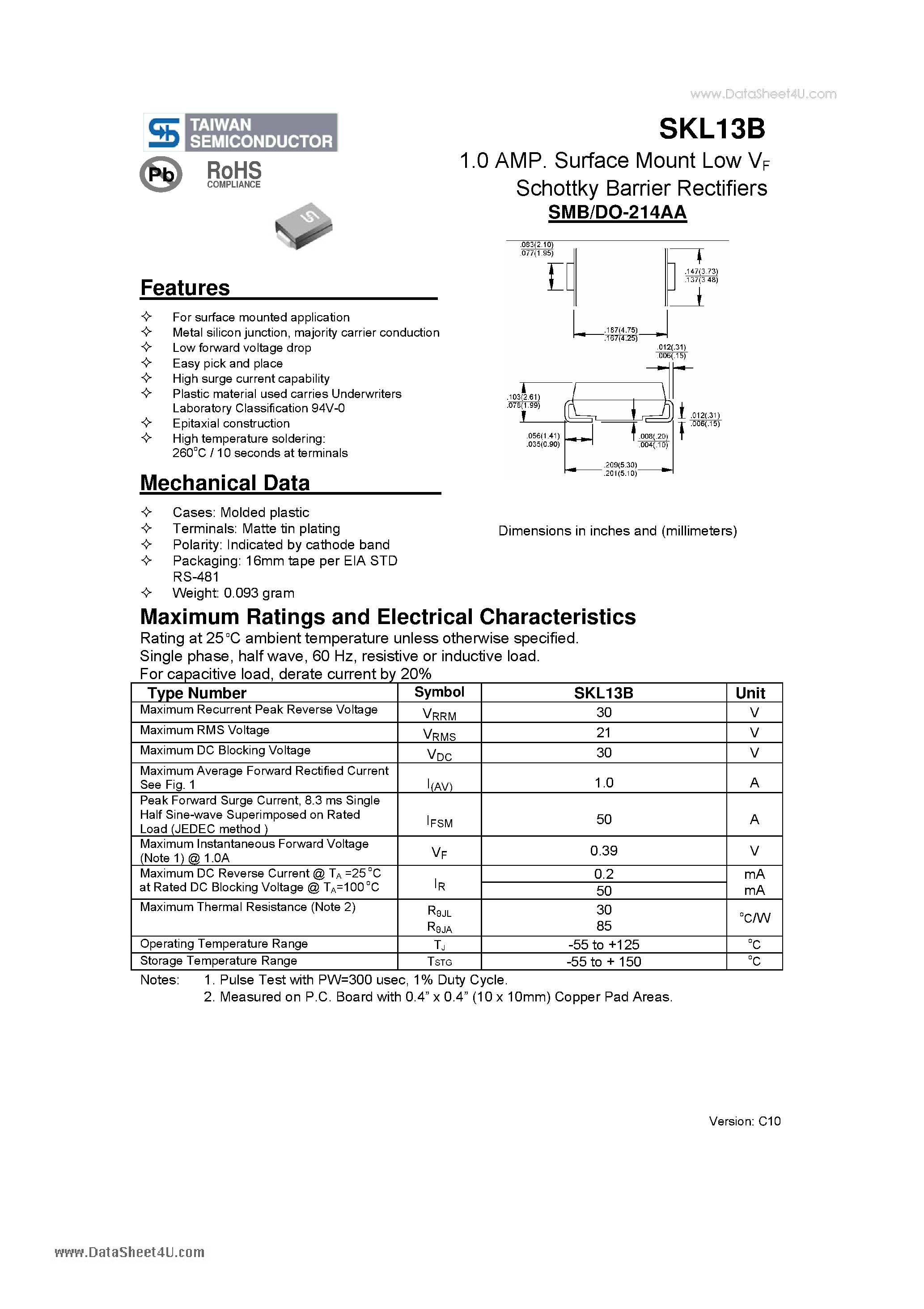Datasheet SKL13B - 1.0 AMP. Surface Mount Low VF Schottky Barrier Rectifiers page 1