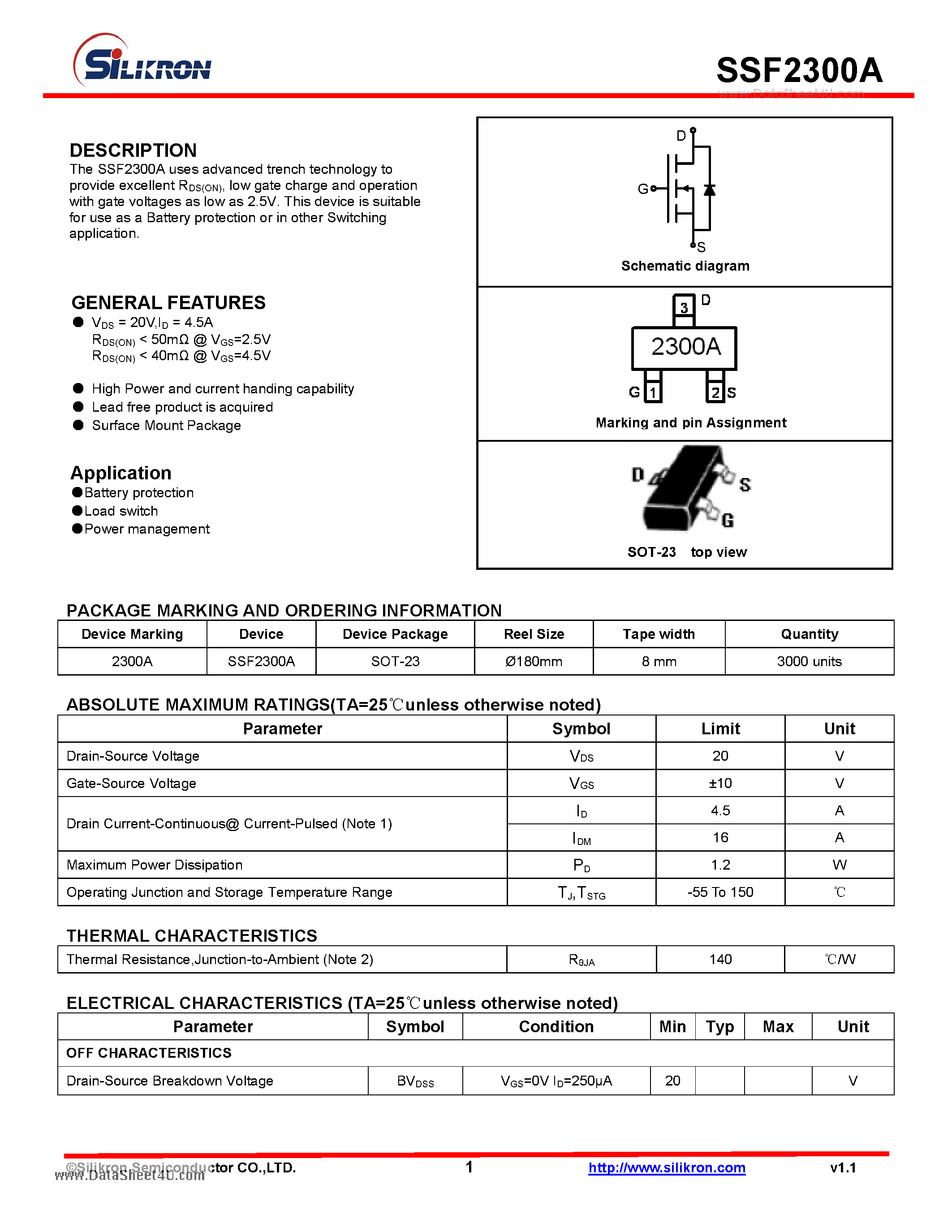 Даташит SSF2300A - Battery protection страница 1