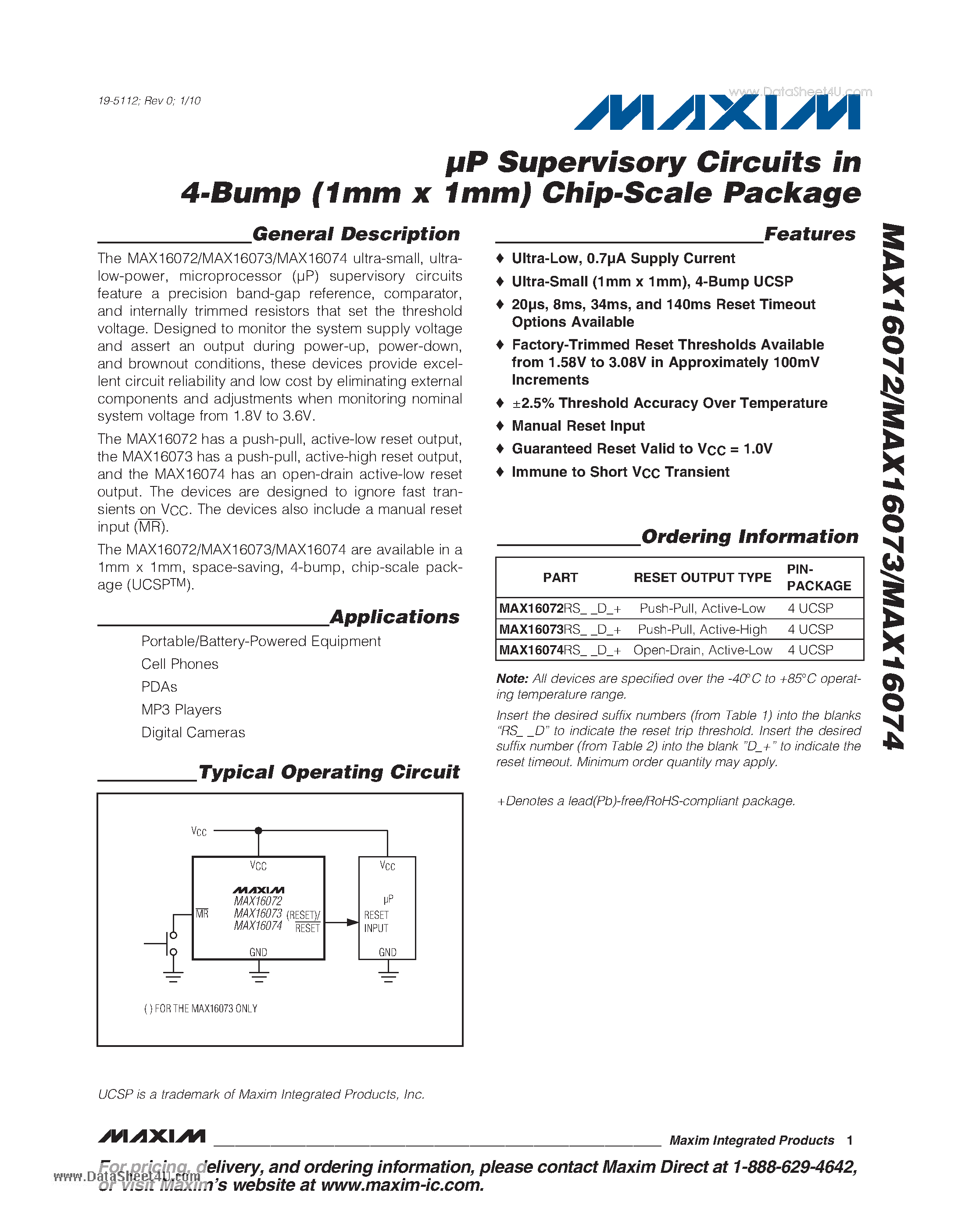 Datasheet MAX16072 - uP Supervisory Circuits in 4-Bump (1mm x 1mm) Chip-Scale Package page 1
