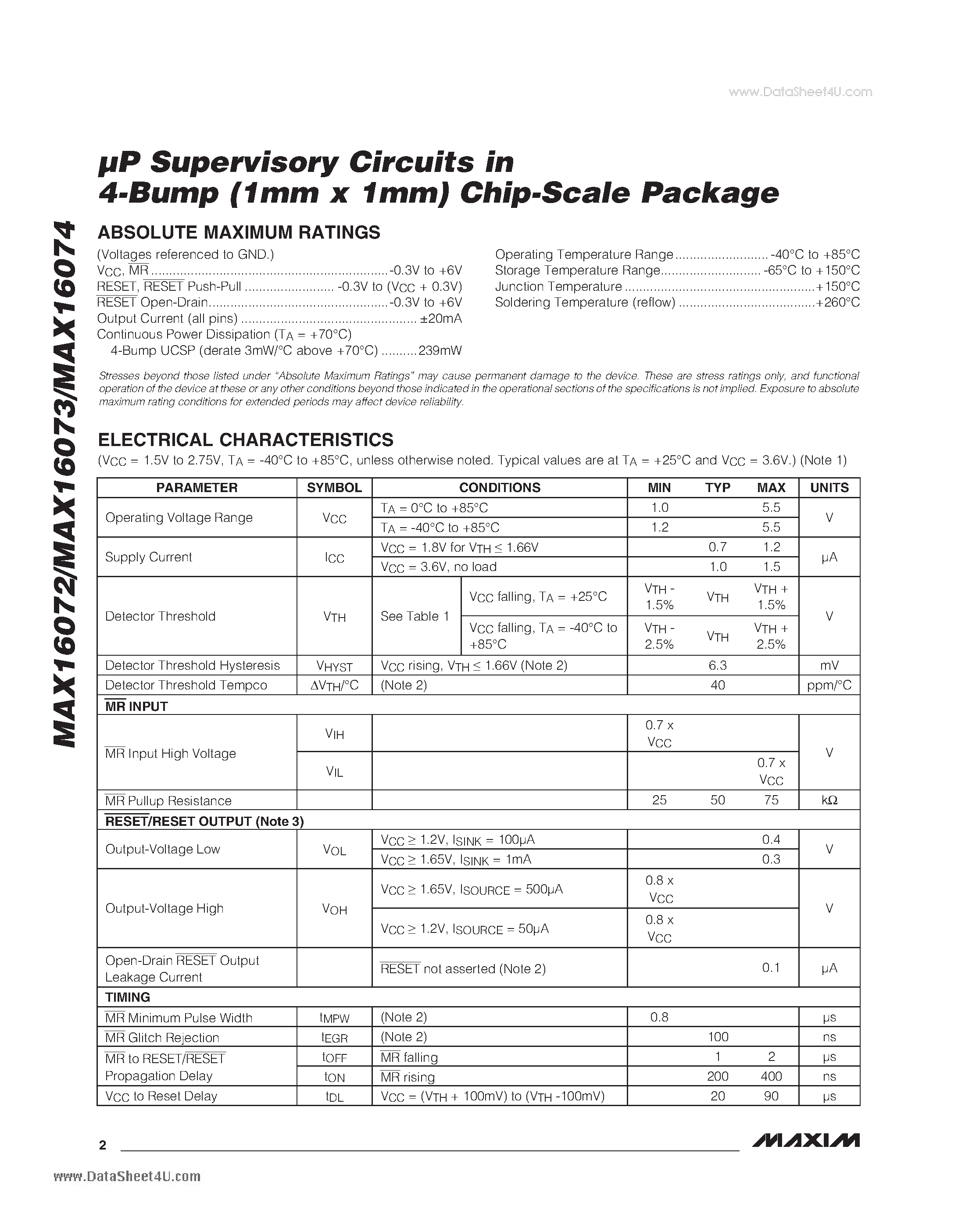 Datasheet MAX16072 - uP Supervisory Circuits in 4-Bump (1mm x 1mm) Chip-Scale Package page 2