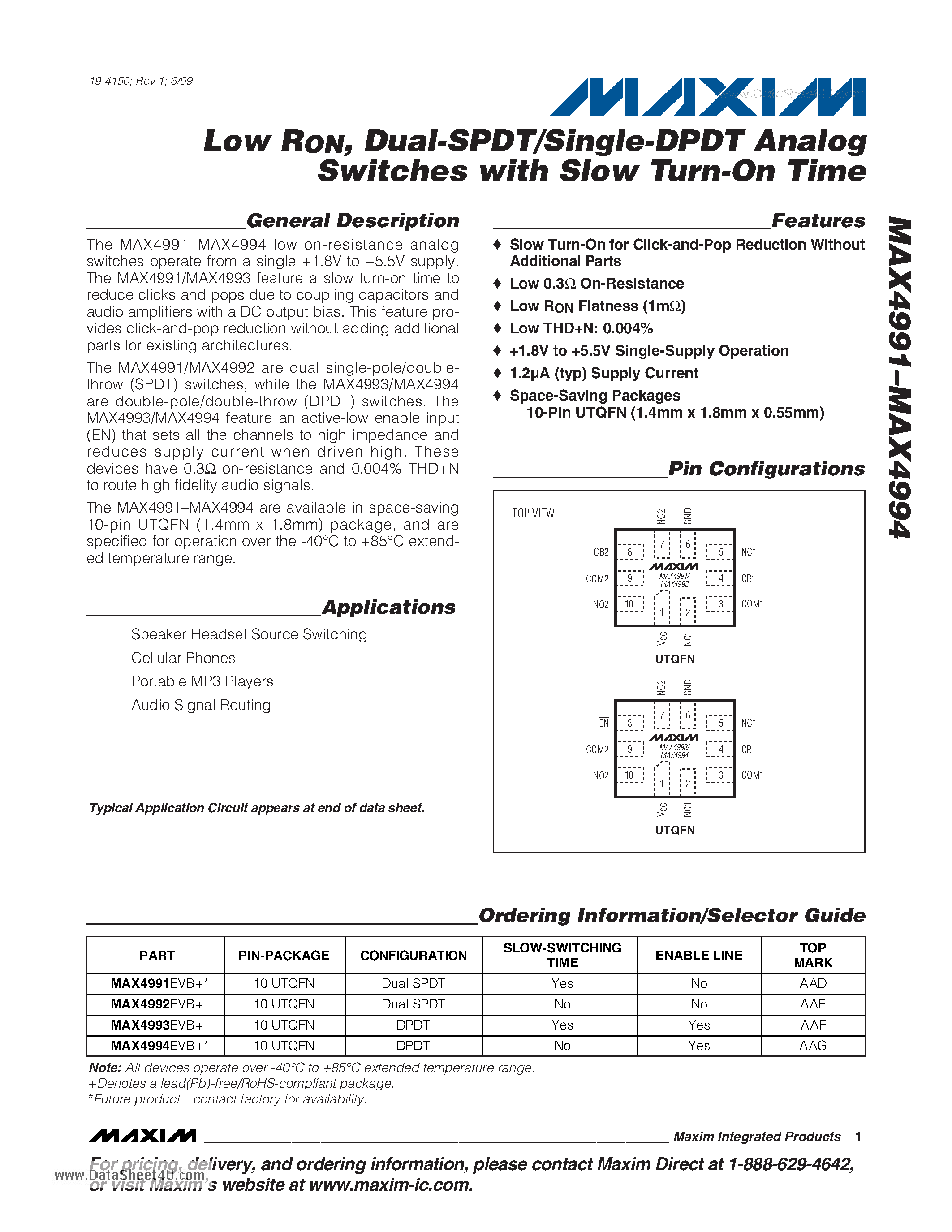 Даташит на микросхему MAX4991 страница 1 Даташит MAX4991 - Low RON Dual-SPDT/Single-DPDT Analog Switches страница 1