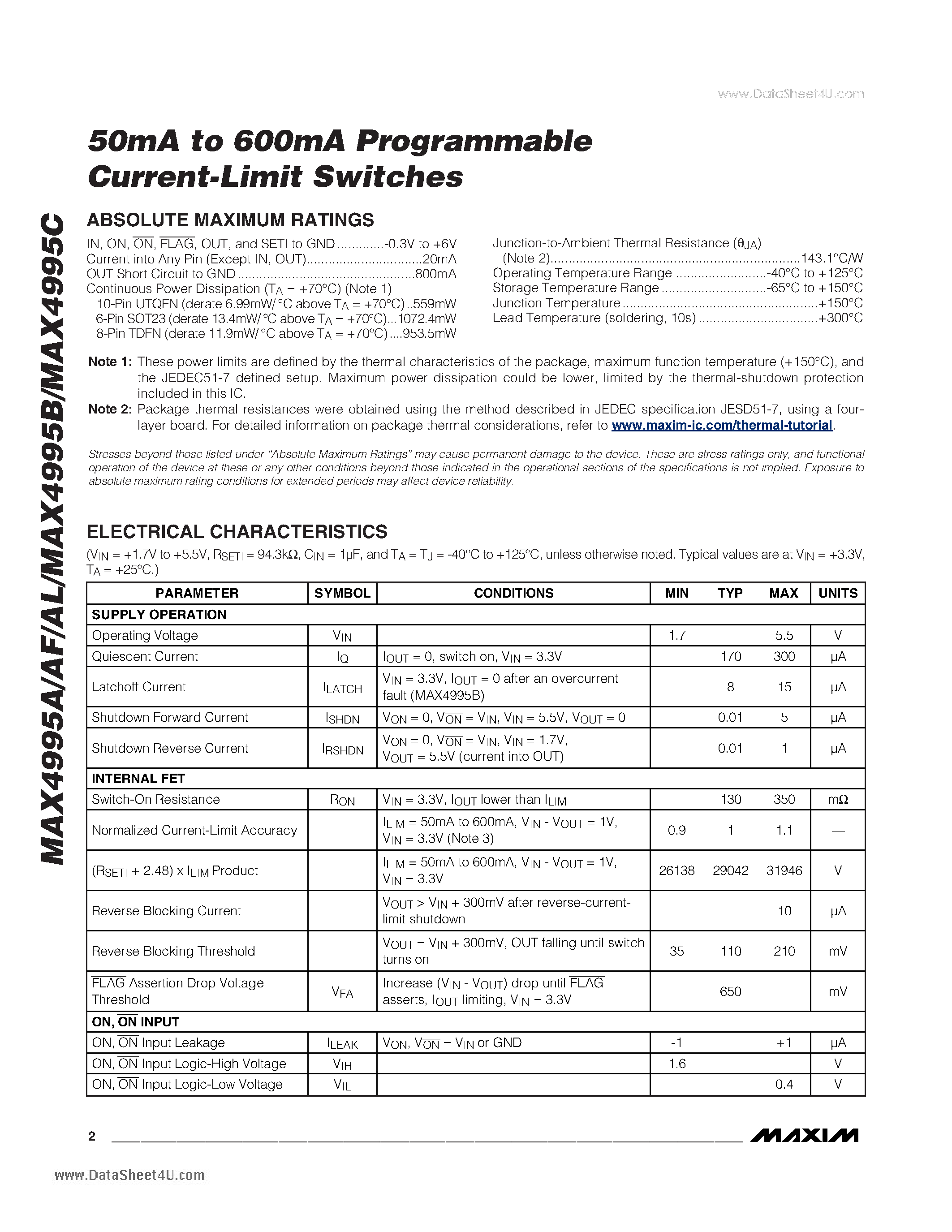 Даташит на микросхему MAX4995A страница 2 Даташит MAX4995A - 50mA to 600mA Programmable Current-Limit Switches страница 2