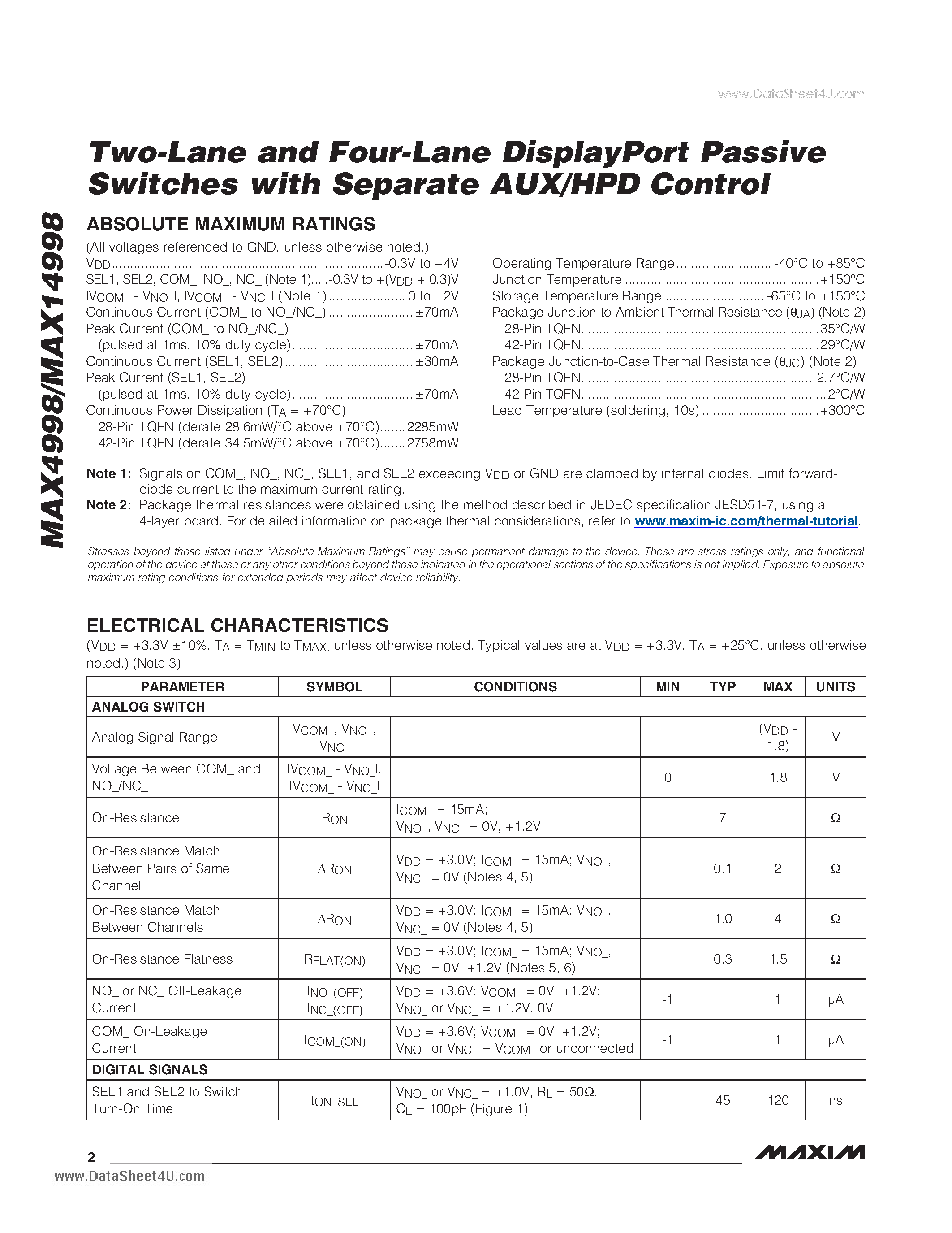 Datasheet MAX14998 page 2 Datasheet MAX14998 - Two-Lane and Four-Lane DisplayPort Passive Switches page 2