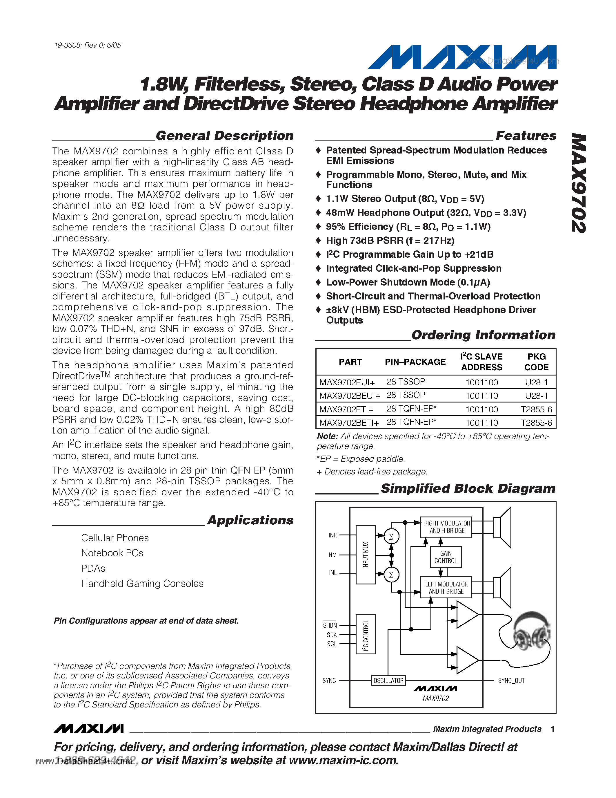 Даташит MAX9701 - 1.3W Filterless Stereo Class D Audio Power Amplifier страница 1
