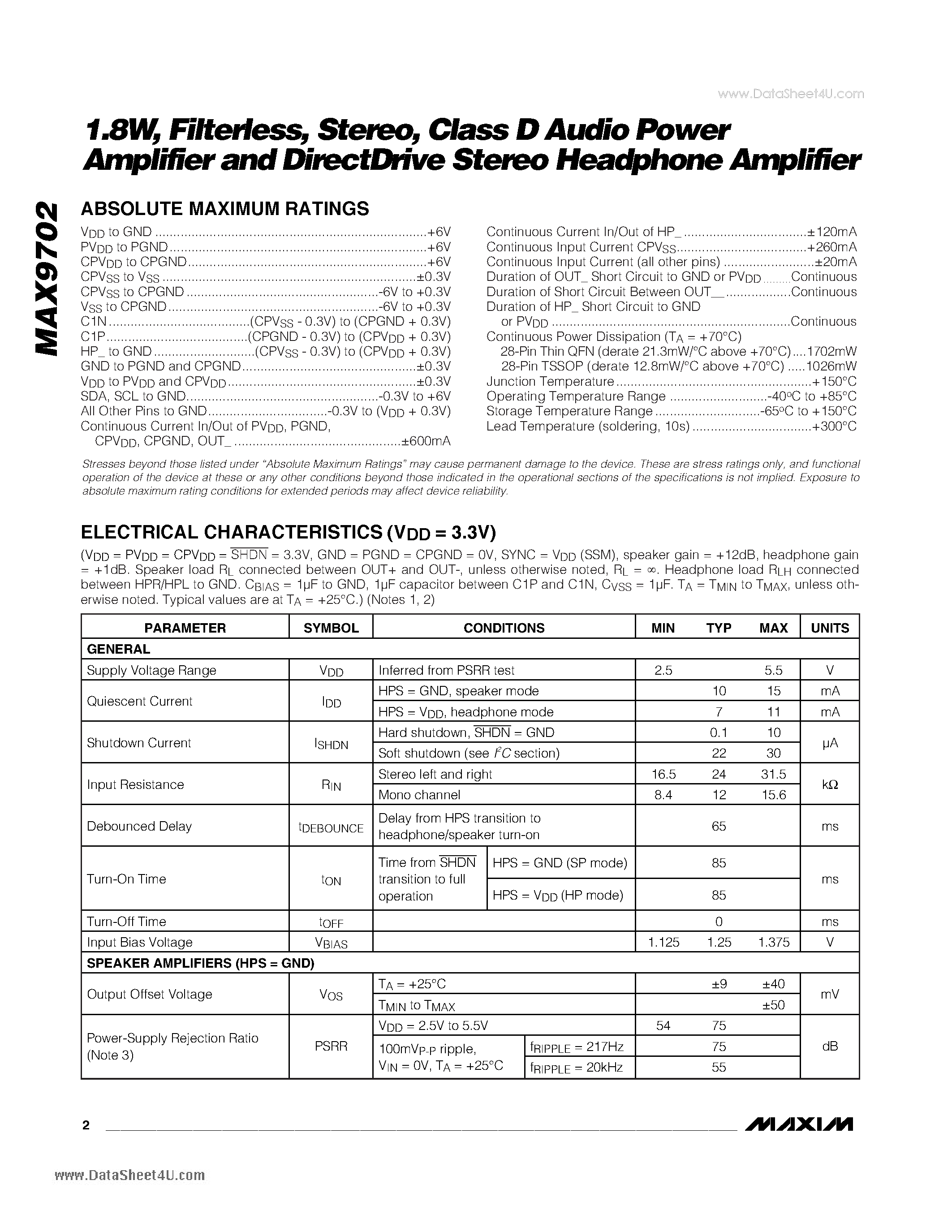 Даташит на микросхему MAX9702 страница 2 Даташит MAX9702 - 1.8W Filterless Stereo Class D Audio Power Amplifier страница 2
