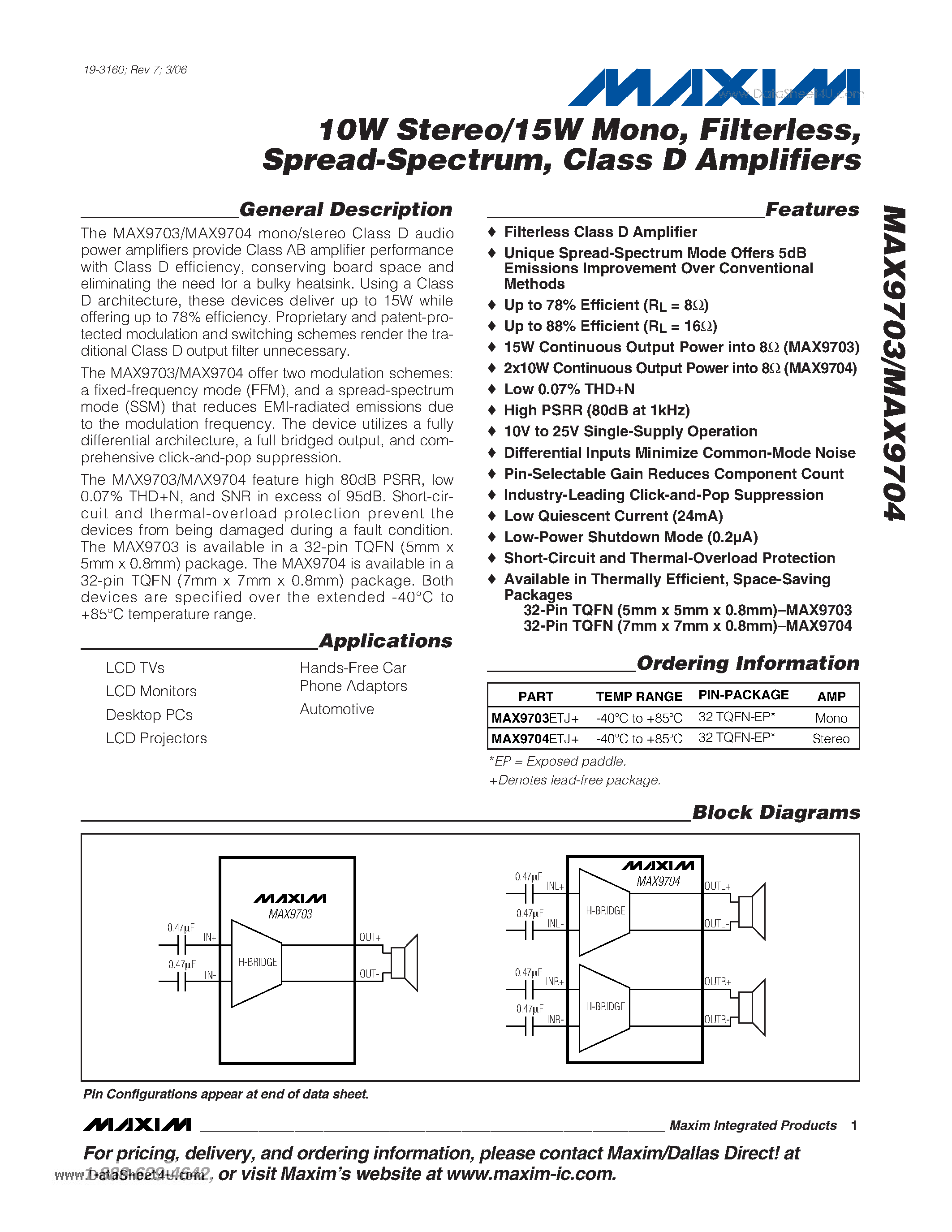 Даташит MAX9703 - 10W Stereo/15W Mono Filterless Spread-Spectrum Class D Amplifiers страница 1