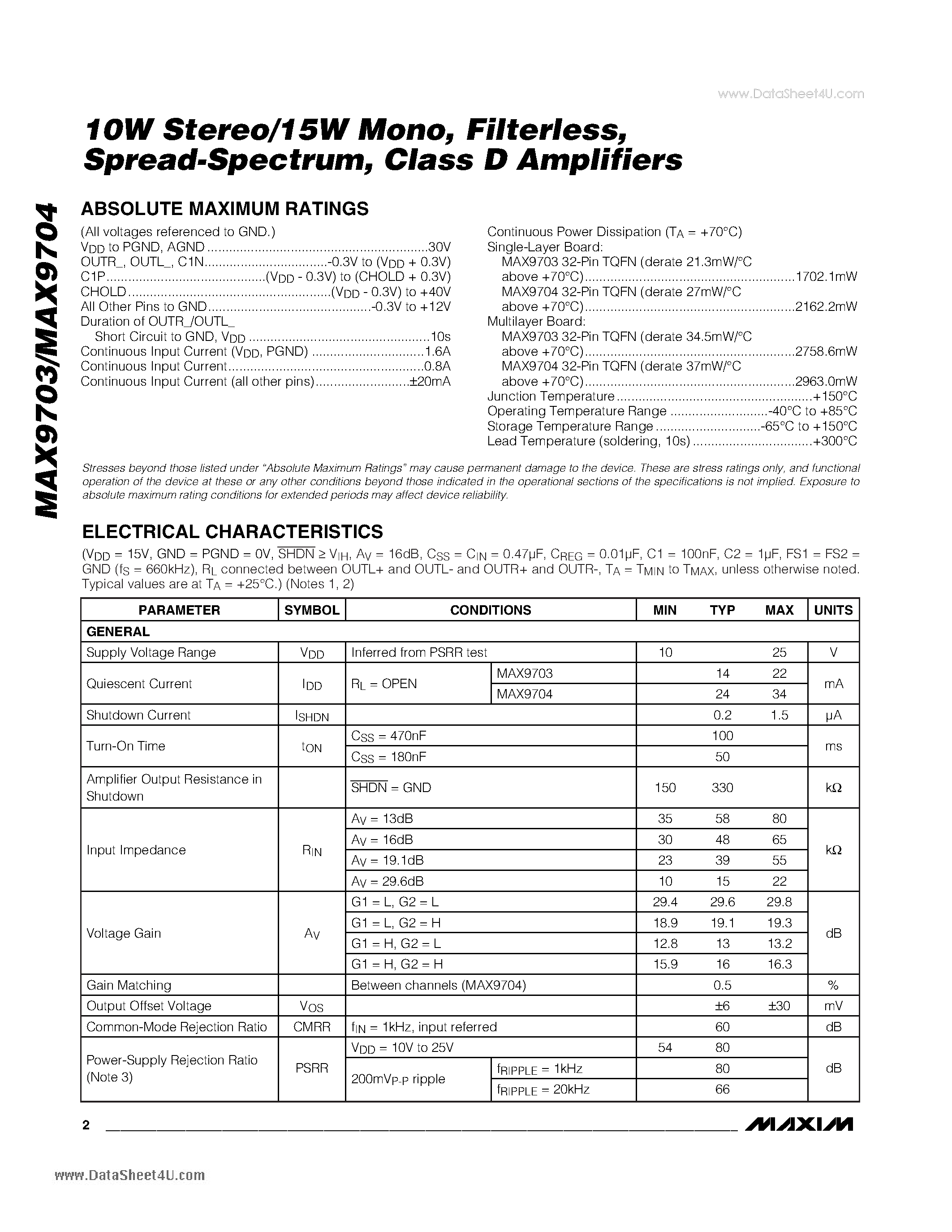 Даташит MAX9703 - 10W Stereo/15W Mono Filterless Spread-Spectrum Class D Amplifiers страница 2