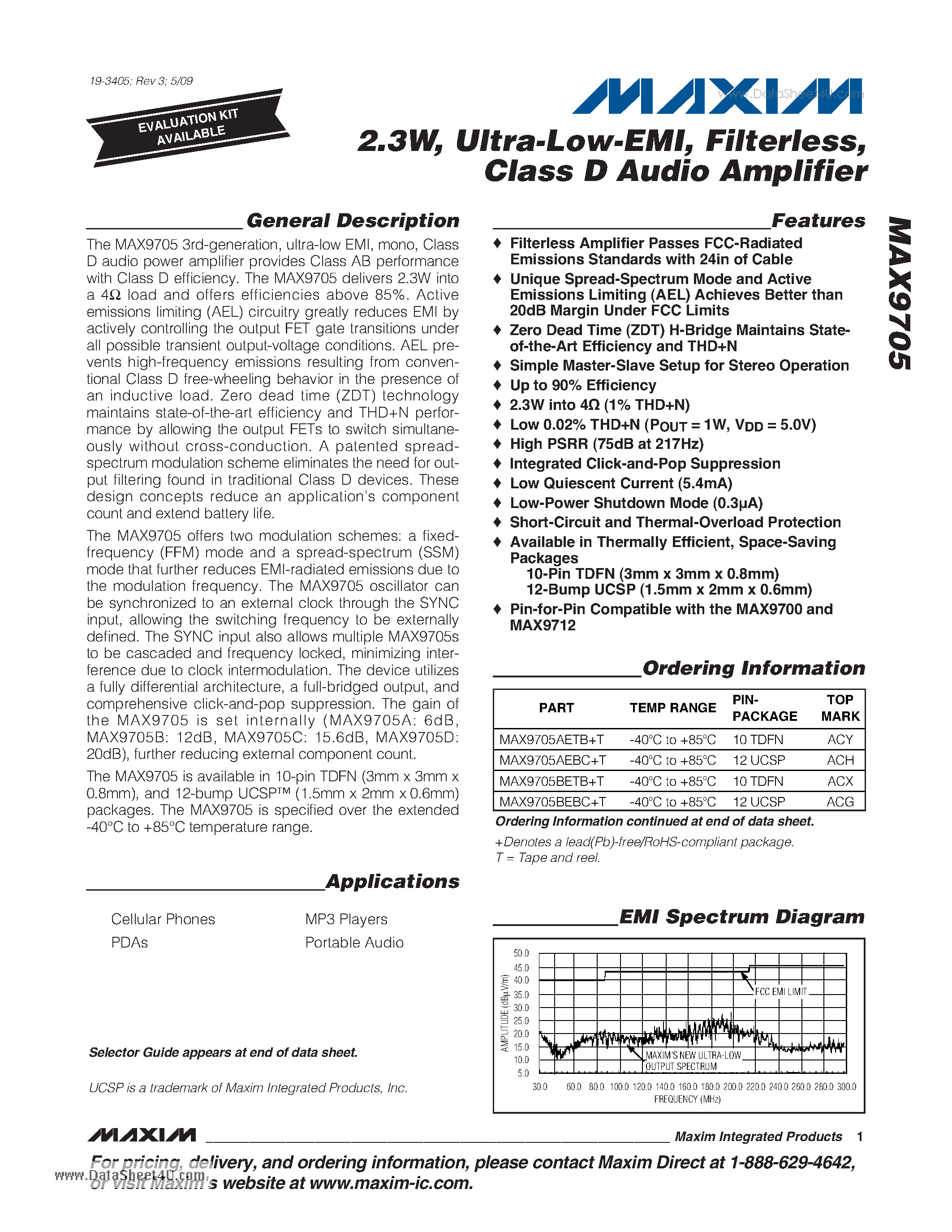 Даташит на микросхему MAX9705 страница 1 Даташит MAX9705 - 2.3W Ultra-Low-EMI Filterless Class D Audio Amplifier страница 1
