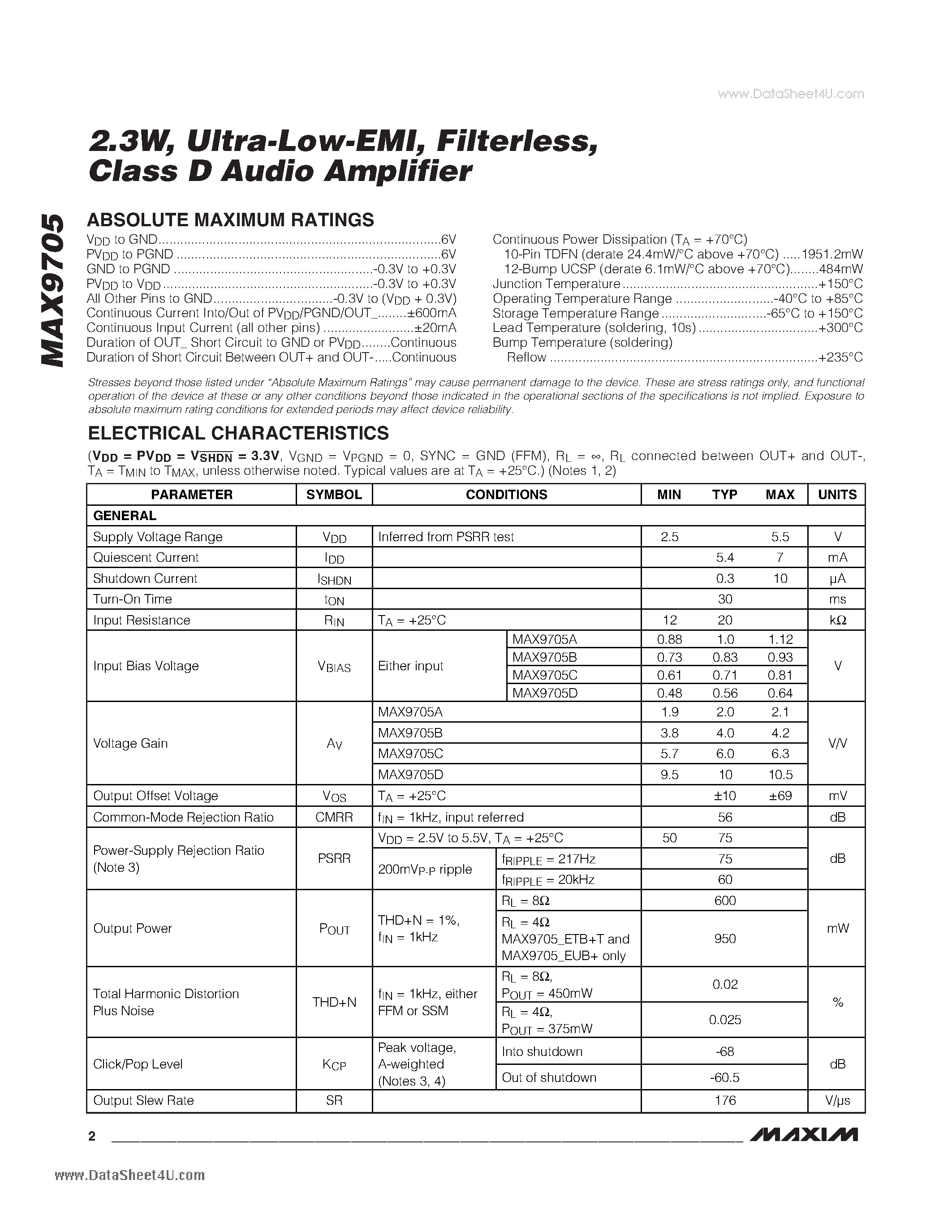 Даташит на микросхему MAX9705 страница 2 Даташит MAX9705 - 2.3W Ultra-Low-EMI Filterless Class D Audio Amplifier страница 2