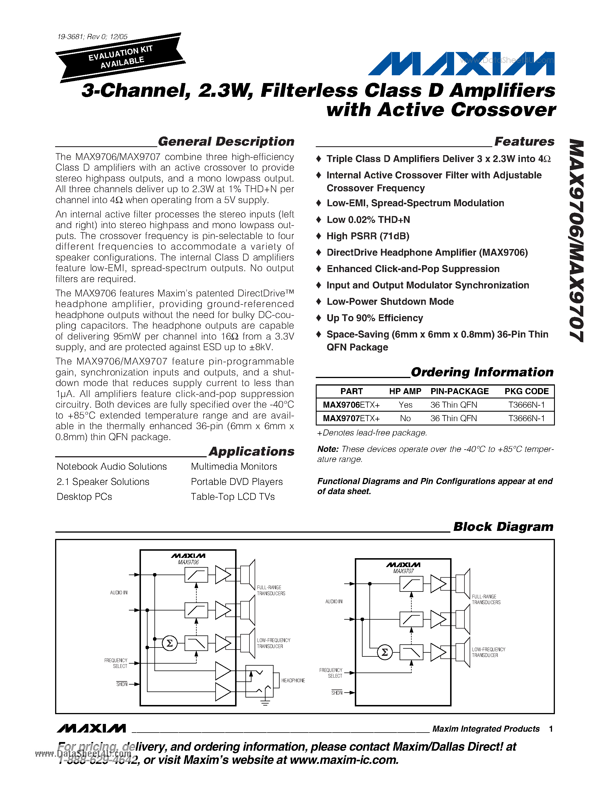 Даташит на микросхему MAX9706 страница 1 Даташит MAX9706 - 3-Channel 2.3W Filterless Class D Amplifiers страница 1
