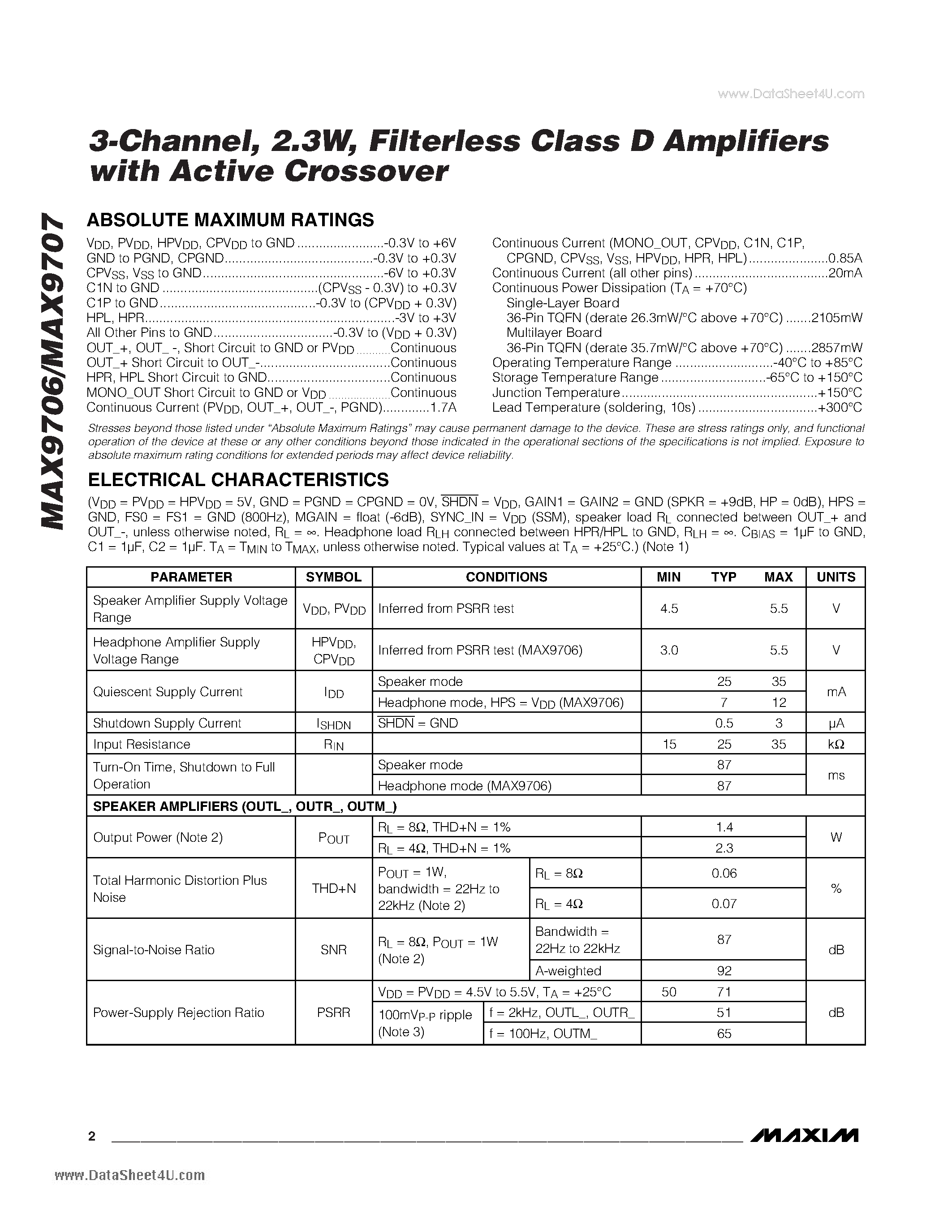 Даташит на микросхему MAX9706 страница 2 Даташит MAX9706 - 3-Channel 2.3W Filterless Class D Amplifiers страница 2