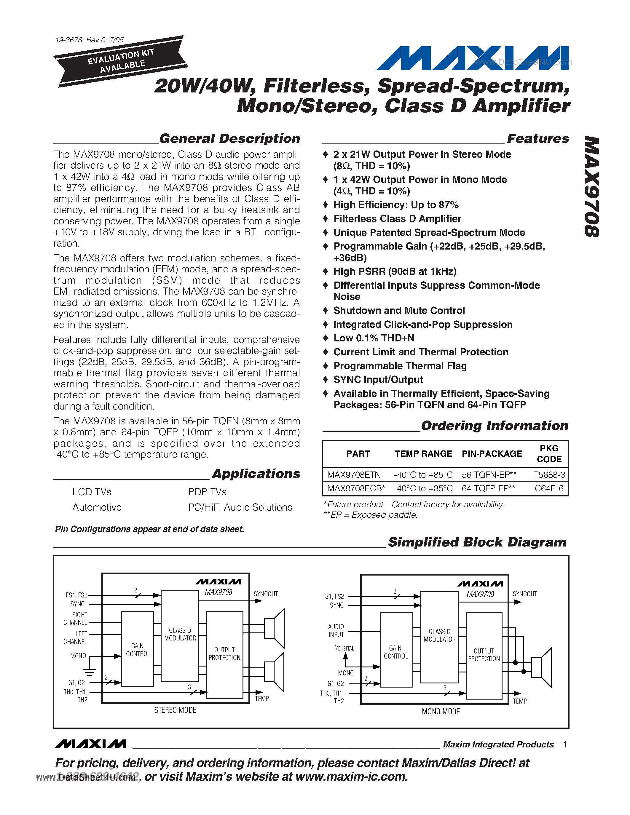 Даташит MAX9708 - 20W/40W Filterless Spread-Spectrum Mono/Stereo Class D Amplifier страница 1