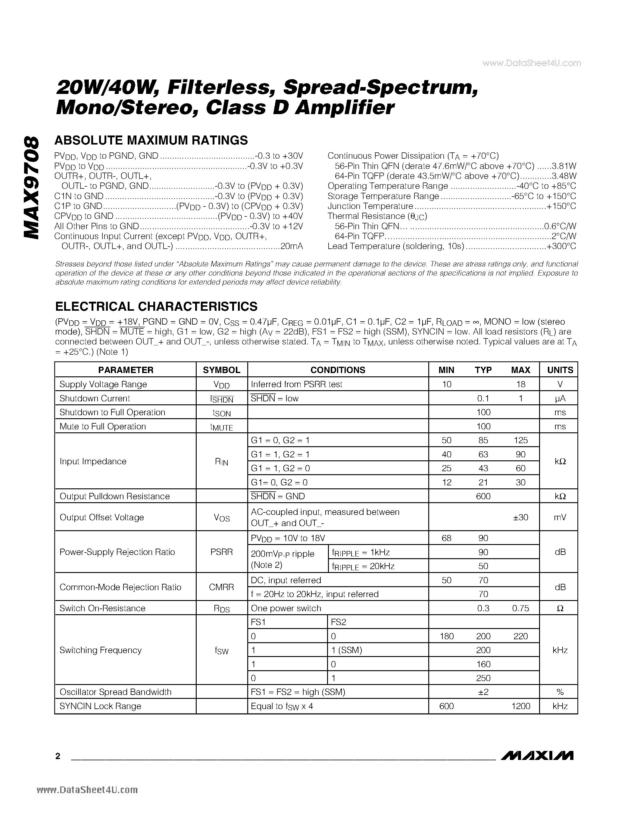 Даташит MAX9708 - 20W/40W Filterless Spread-Spectrum Mono/Stereo Class D Amplifier страница 2