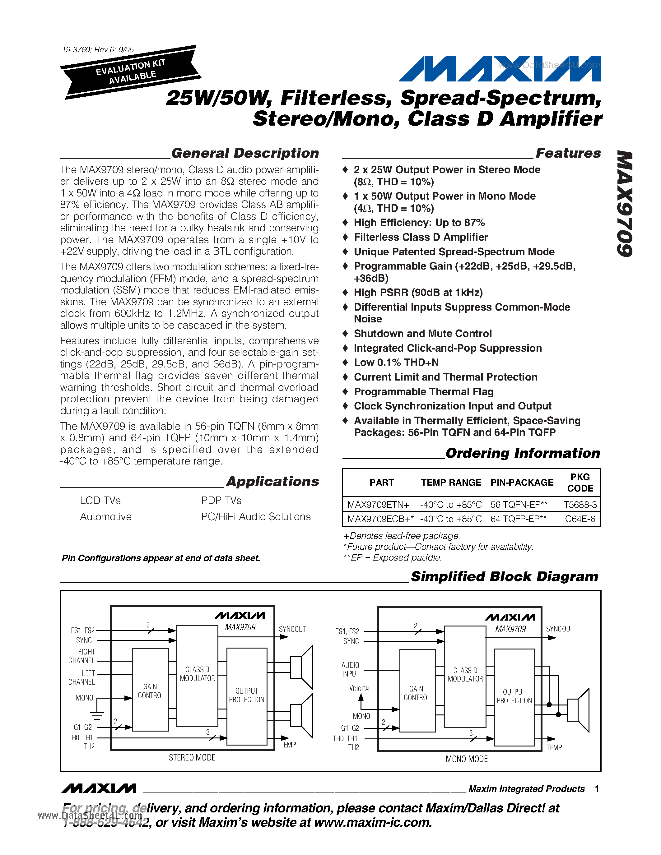 Даташит на микросхему MAX9709 страница 1 Даташит MAX9709 - 25W/50W Filterless Spread-Spectrum Stereo/Mono Class D Amplifier страница 1