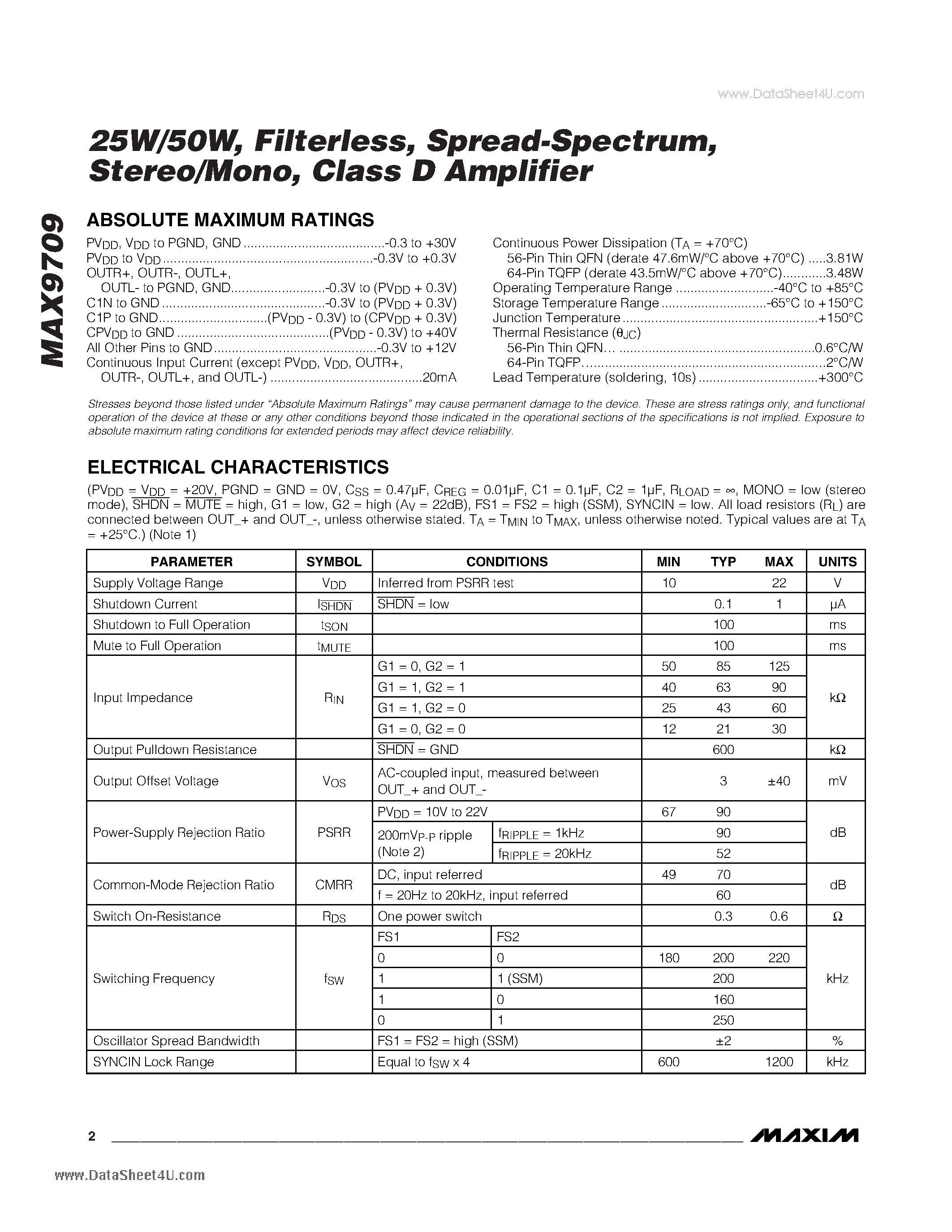 Даташит на микросхему MAX9709 страница 2 Даташит MAX9709 - 25W/50W Filterless Spread-Spectrum Stereo/Mono Class D Amplifier страница 2