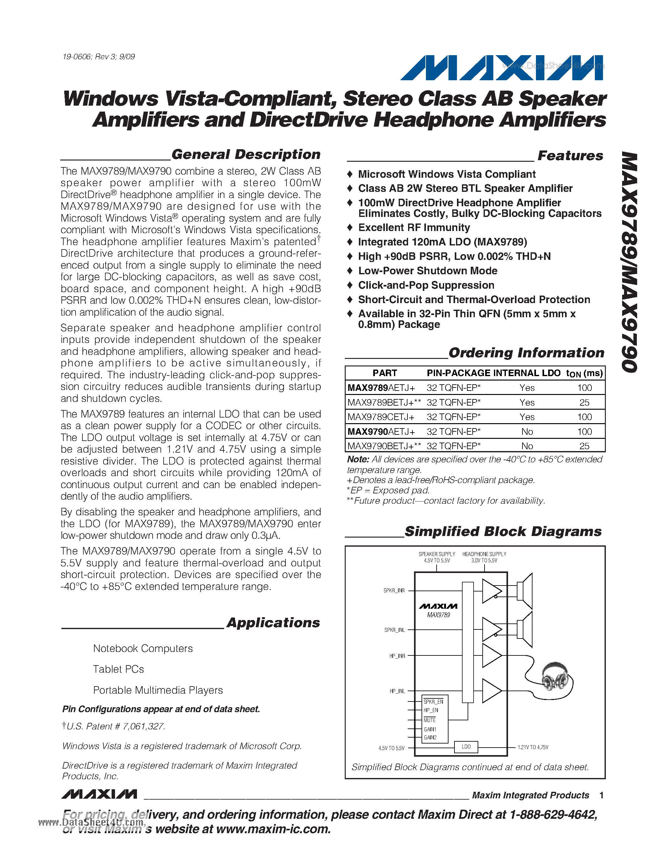 Даташит MAX9789 - Windows Vista-Compliant Stereo Class AB Speaker Amplifiers and DirectDrive Headphone Amplifiers страница 1